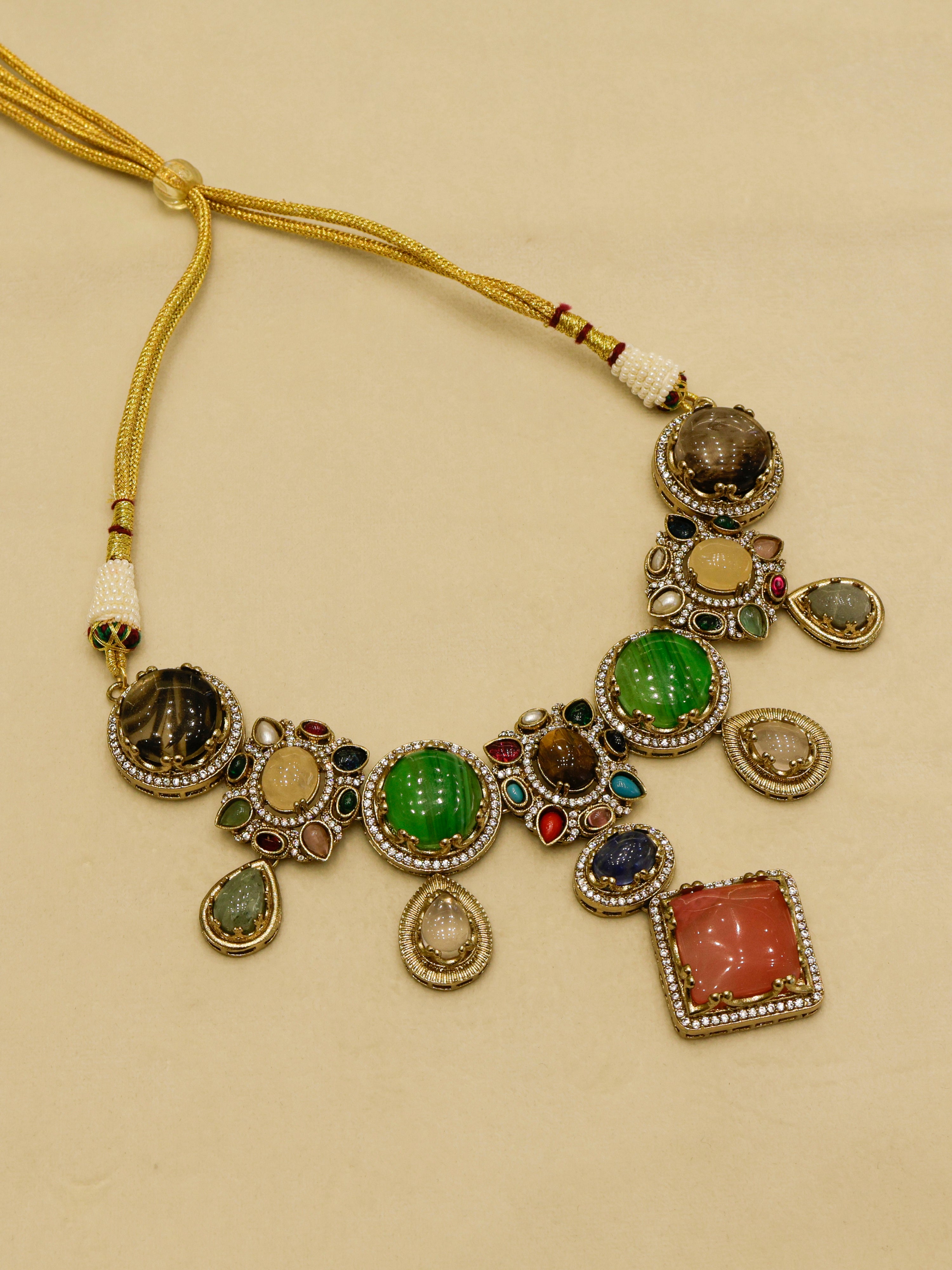 Aanura Navratna Statement Necklace with Multicolor Stones
