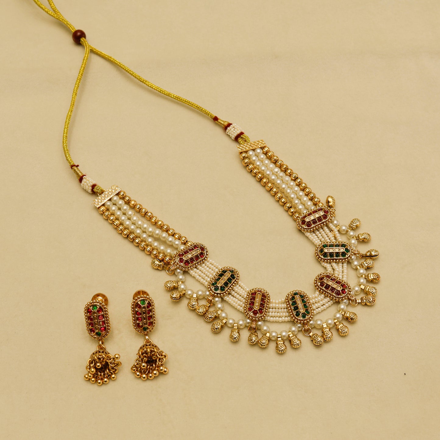 Aanura Multi-Strand Pearl Necklace with Kundan Earrings