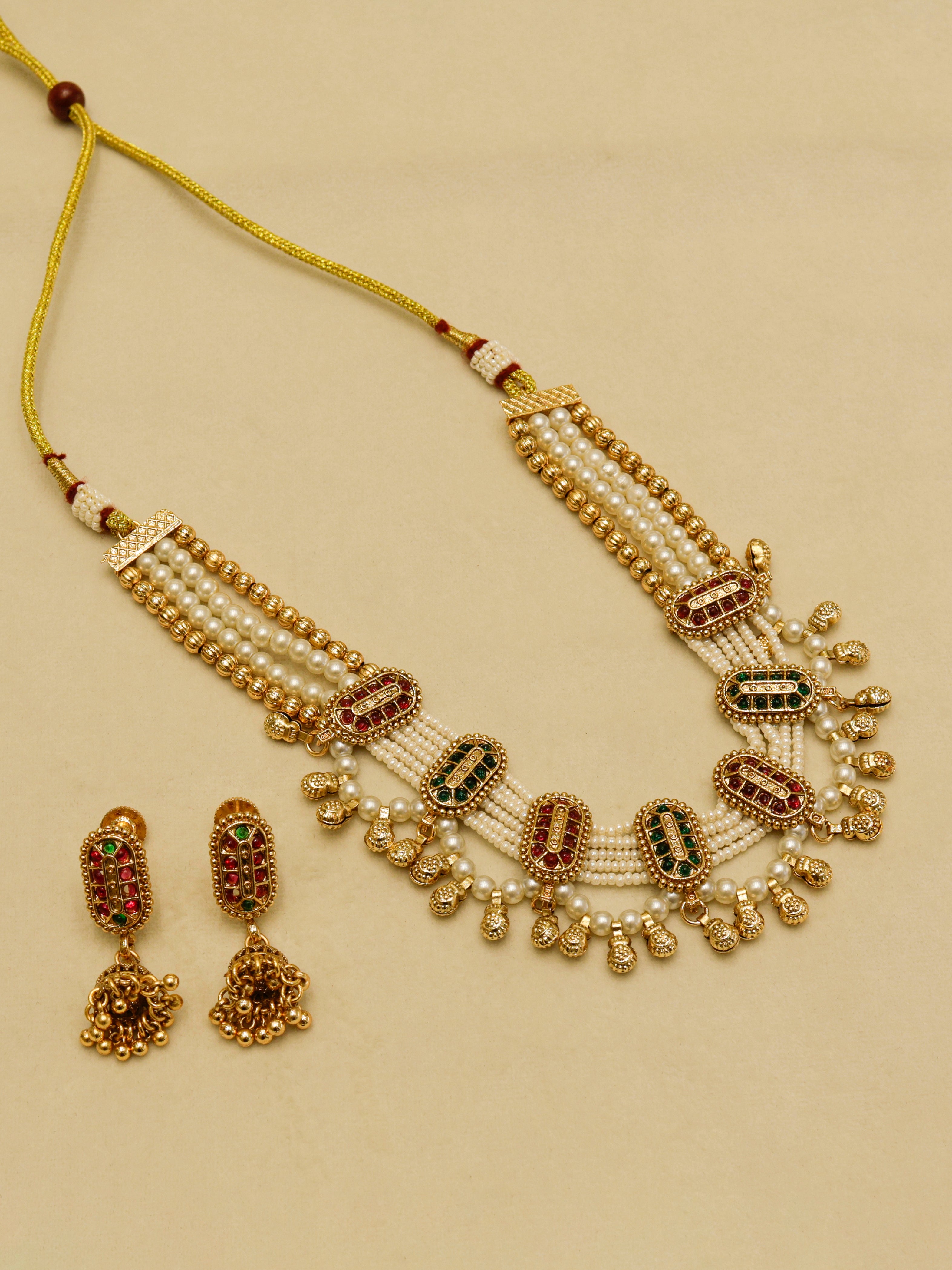Aanura Multi-Strand Pearl Necklace with Kundan Earrings