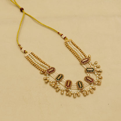 Aanura Multi-Strand Pearl Necklace with Kundan Earrings