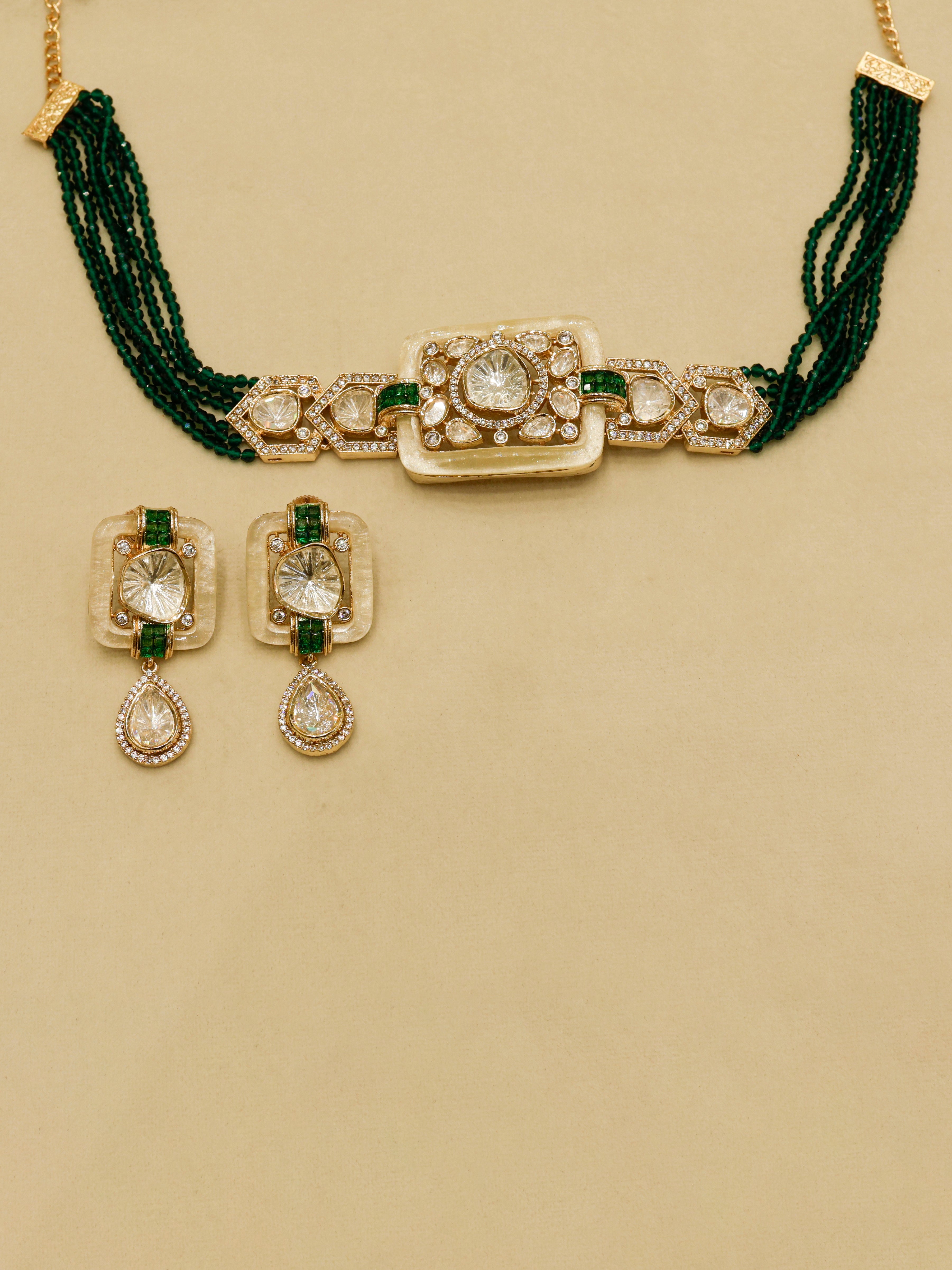 Aanura Statement Choker Necklace with Square Motif & Earrings