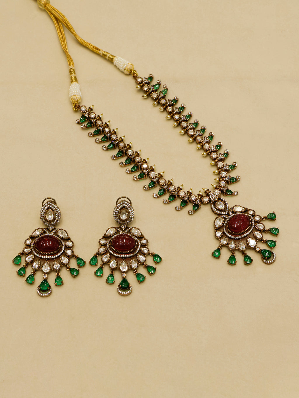 Aanura Royal Green Kundan Bridal Necklace with Earrings