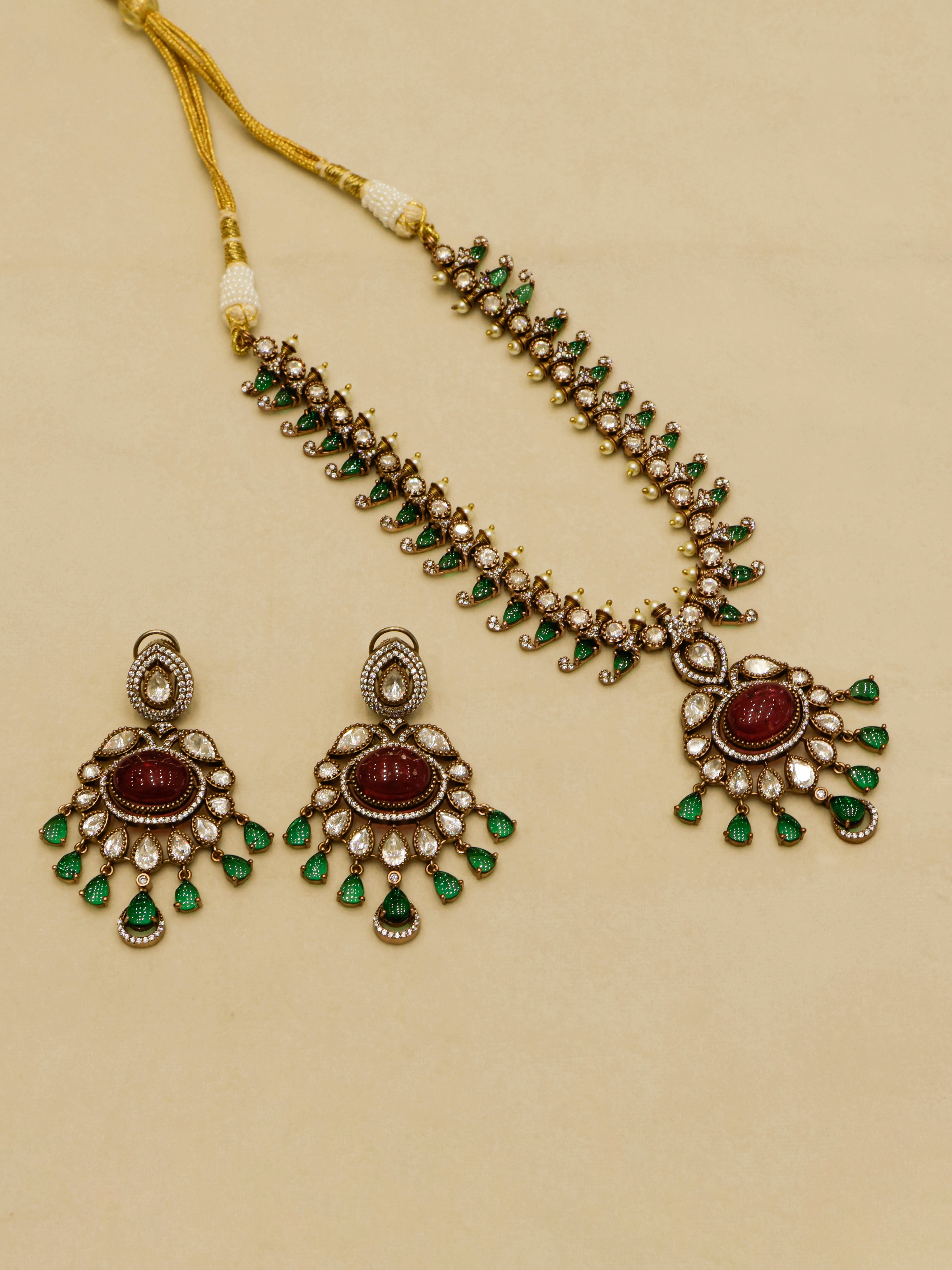 Aanura Royal Green Kundan Bridal Necklace with Earrings