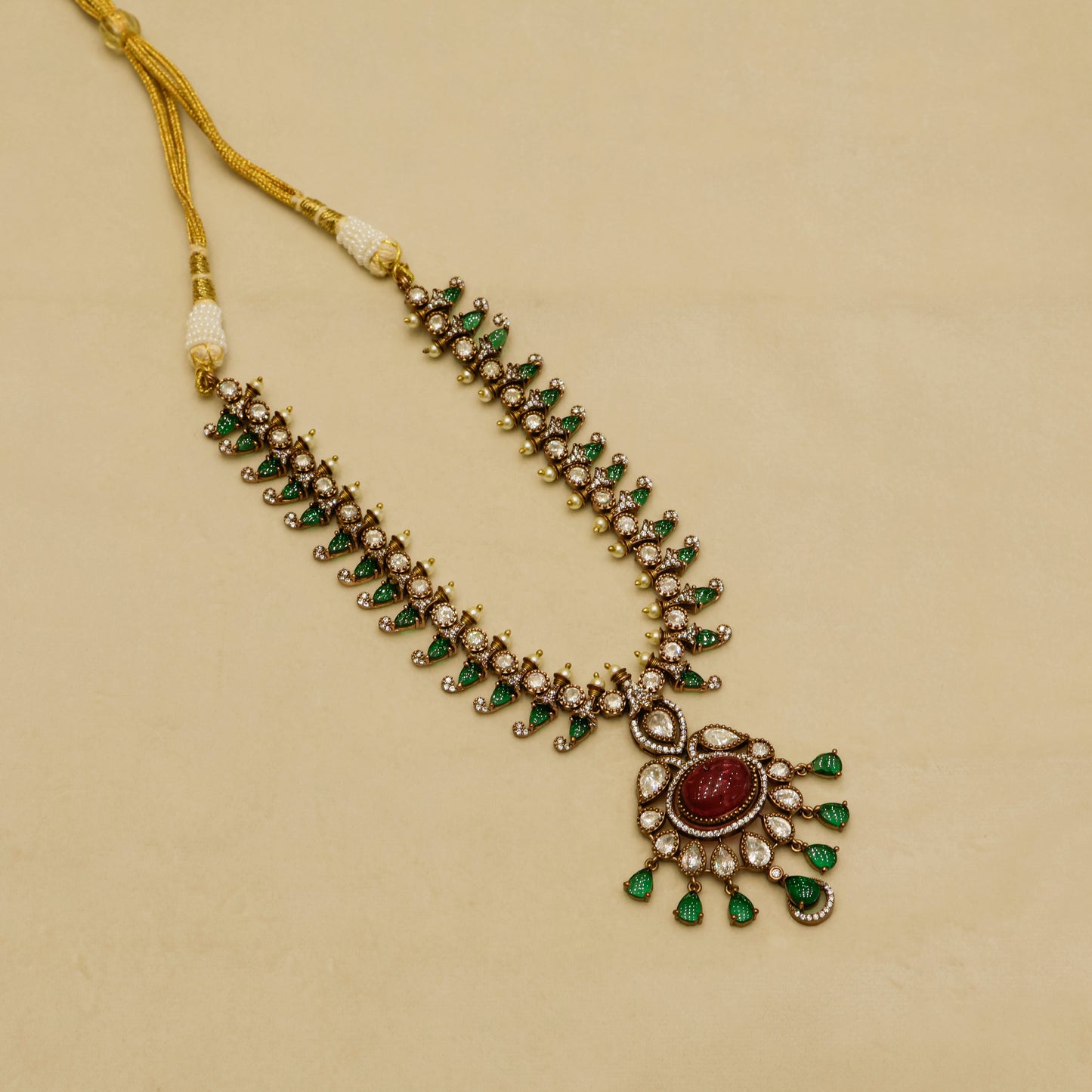 Aanura Royal Green Kundan Bridal Necklace with Earrings