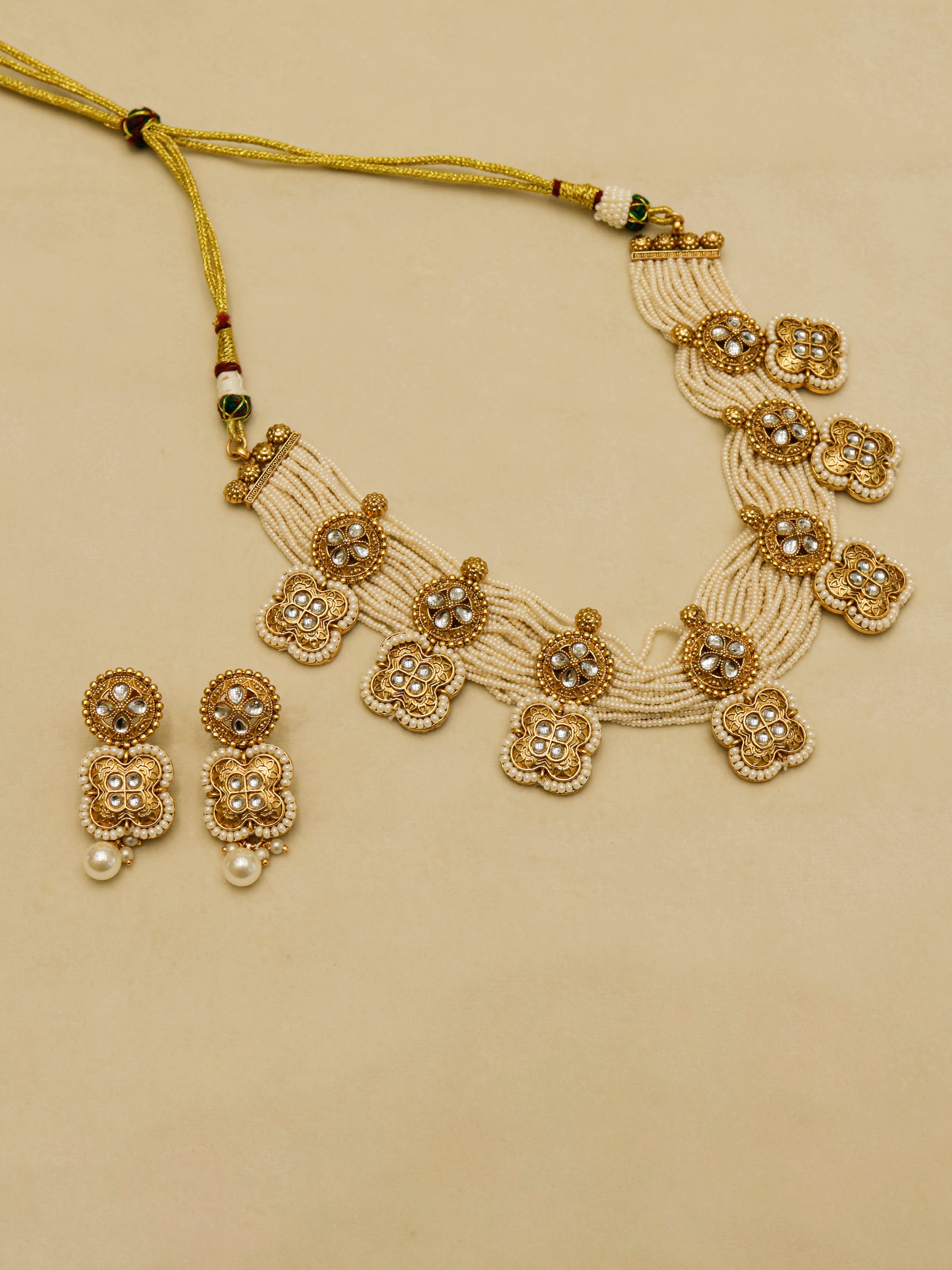 Aanura White Beaded Kundan Choker Necklace with Motifs
