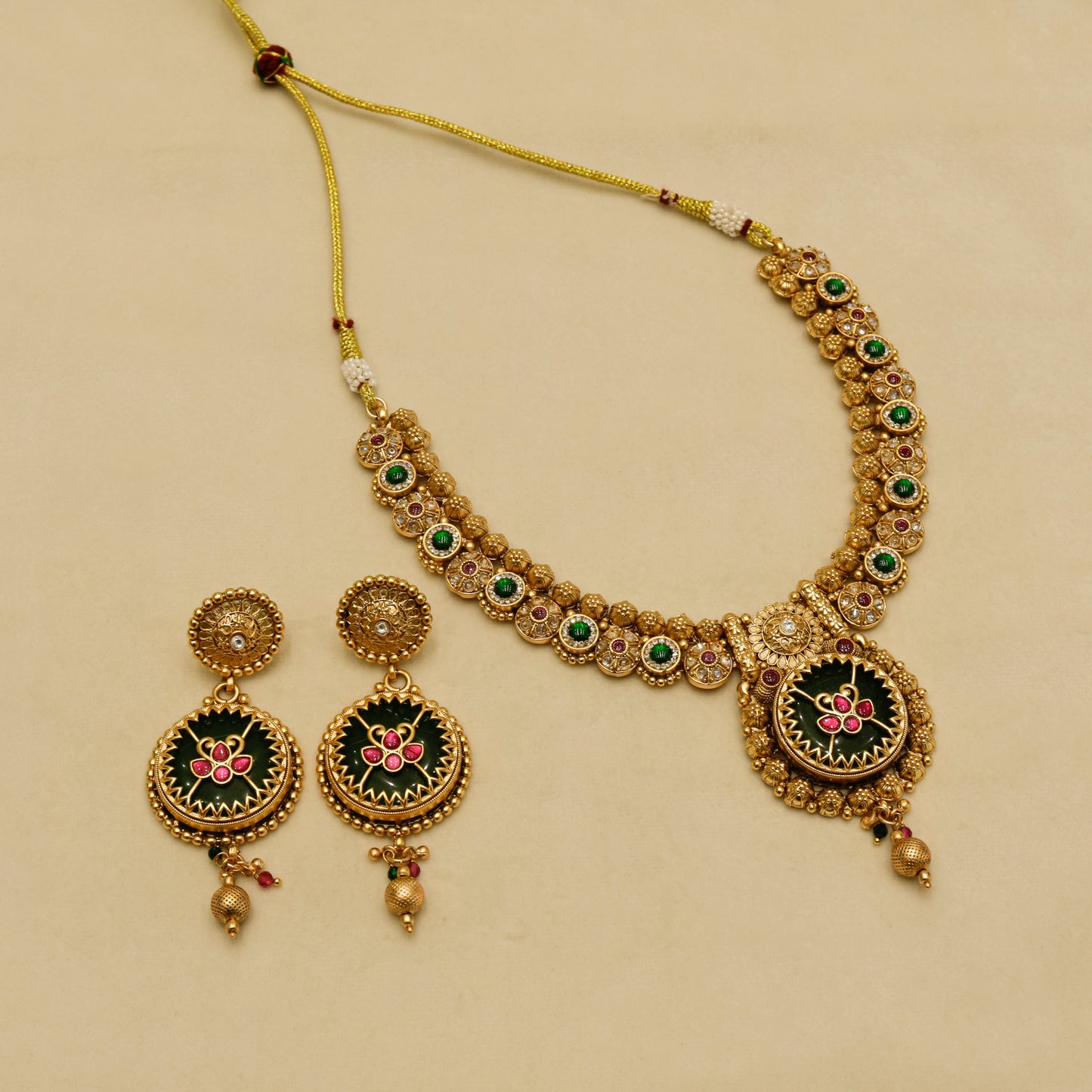 Aanura Circular Heritage Necklace with Green Stones