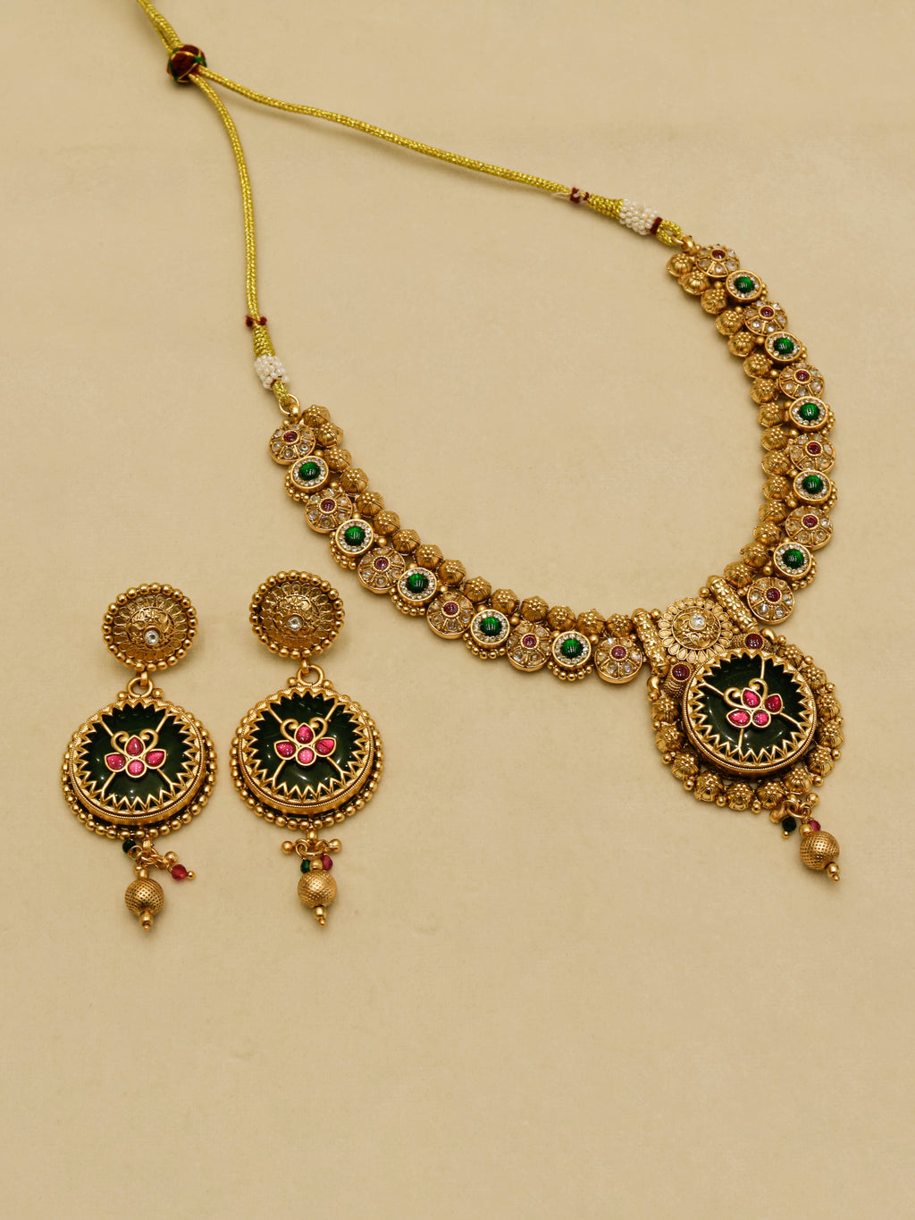 Aanura Circular Heritage Necklace with Green Stones