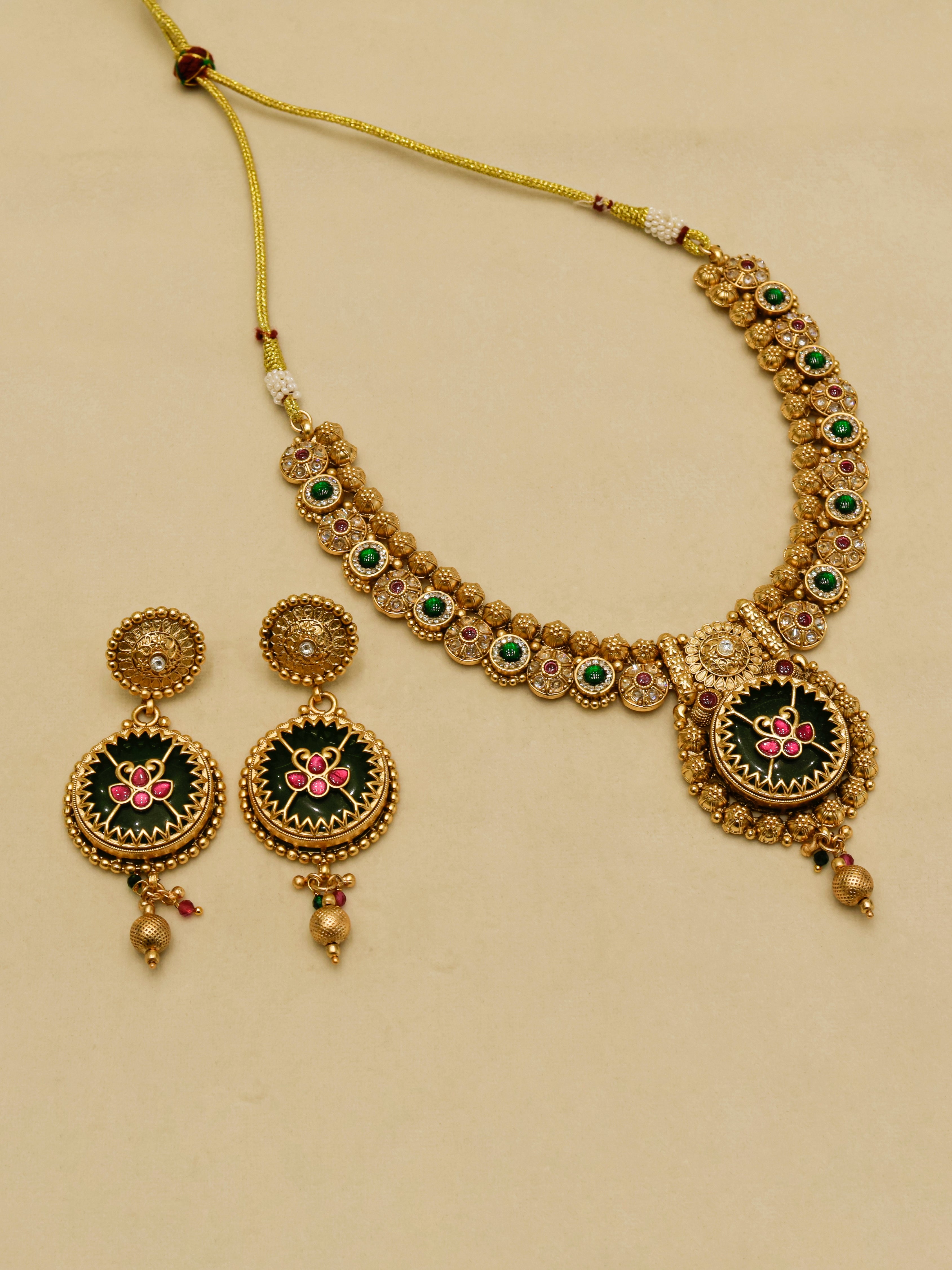 Aanura Circular Heritage Necklace with Green Stones