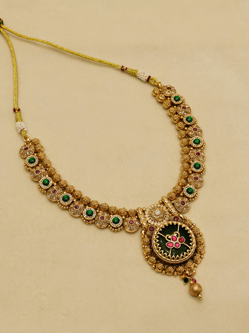 Aanura Circular Heritage Necklace with Green Stones