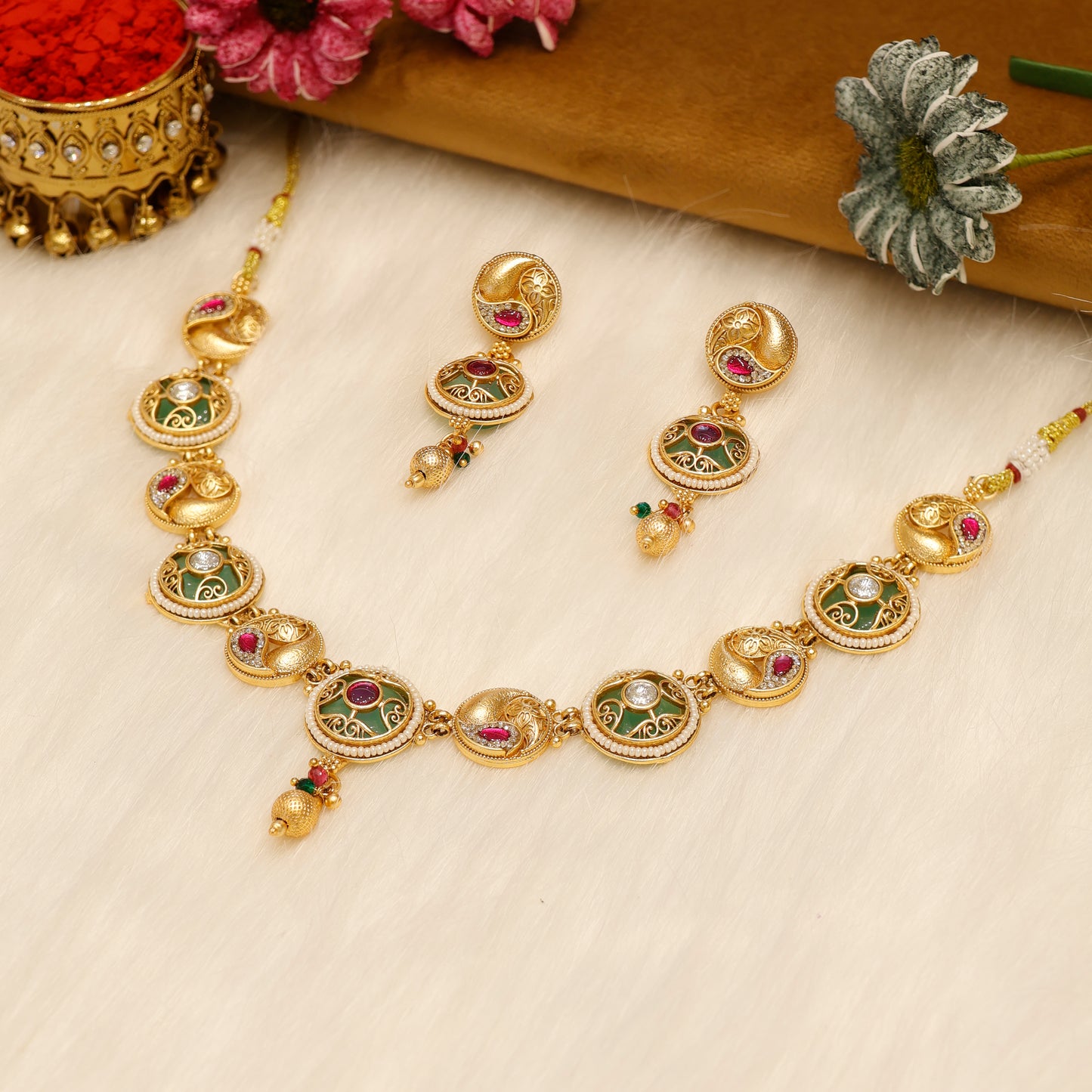 Aanura Circular Kundan Ruby Drop Necklace Set
