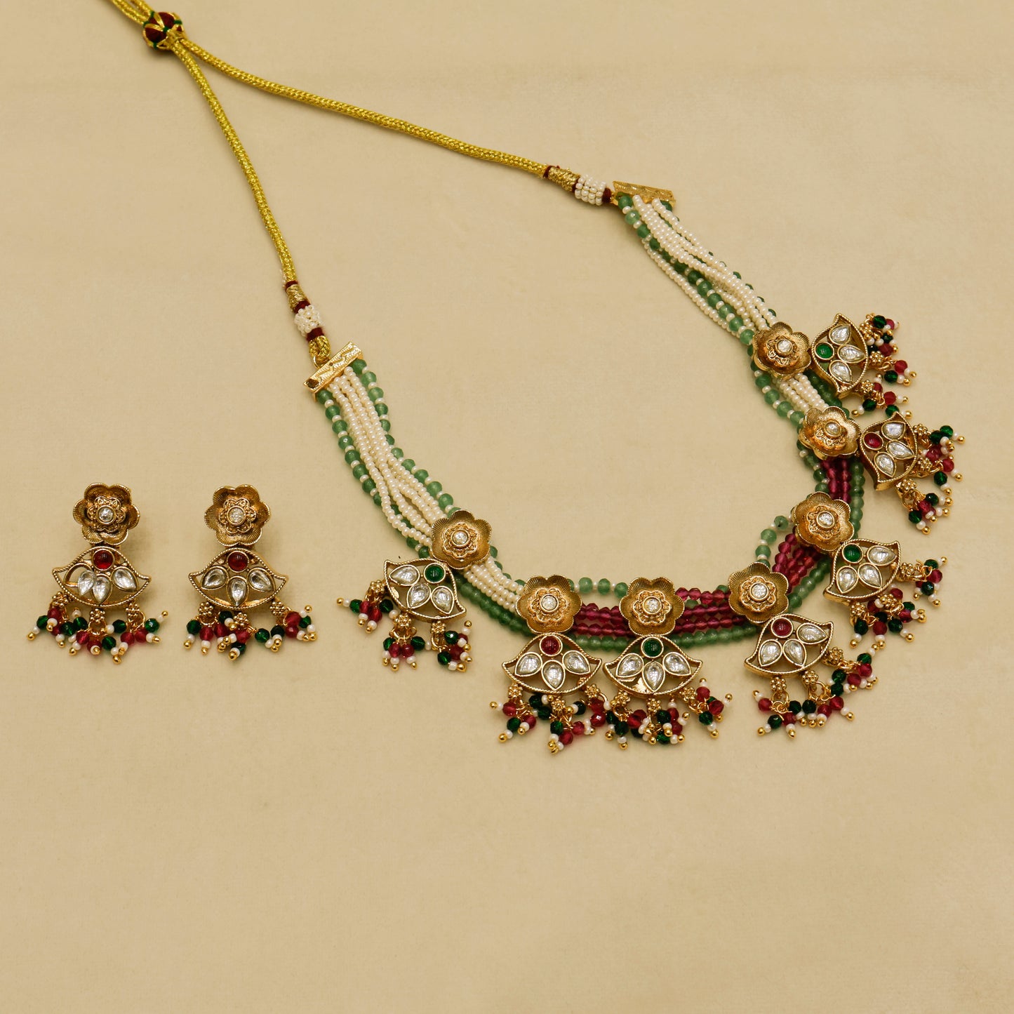 Aanura Floral Kundan Choker Necklace with Beaded Drops
