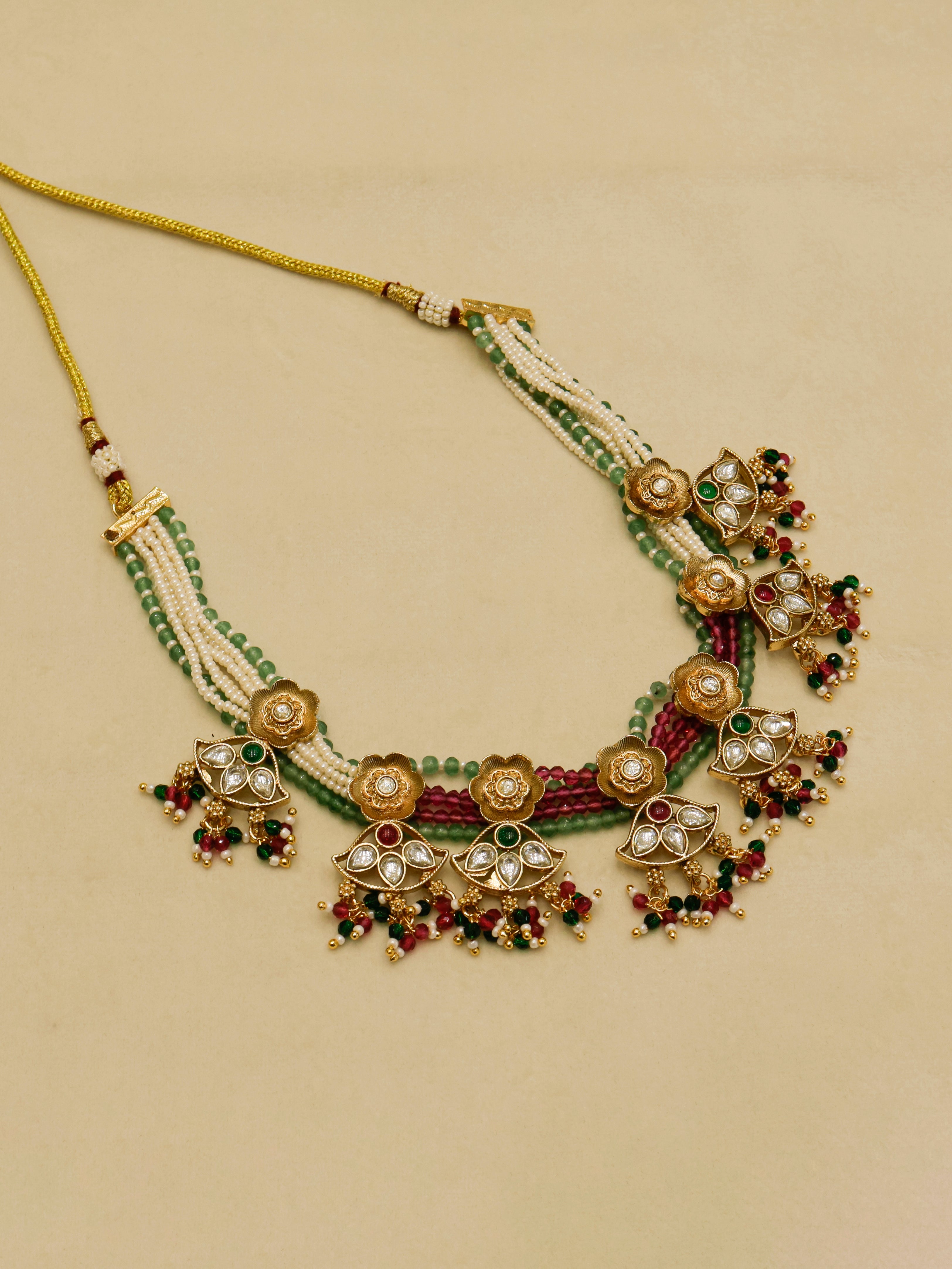 Aanura Floral Kundan Choker Necklace with Beaded Drops