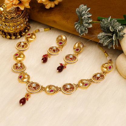 Aanura Circular Kundan Ruby Drop Necklace Set