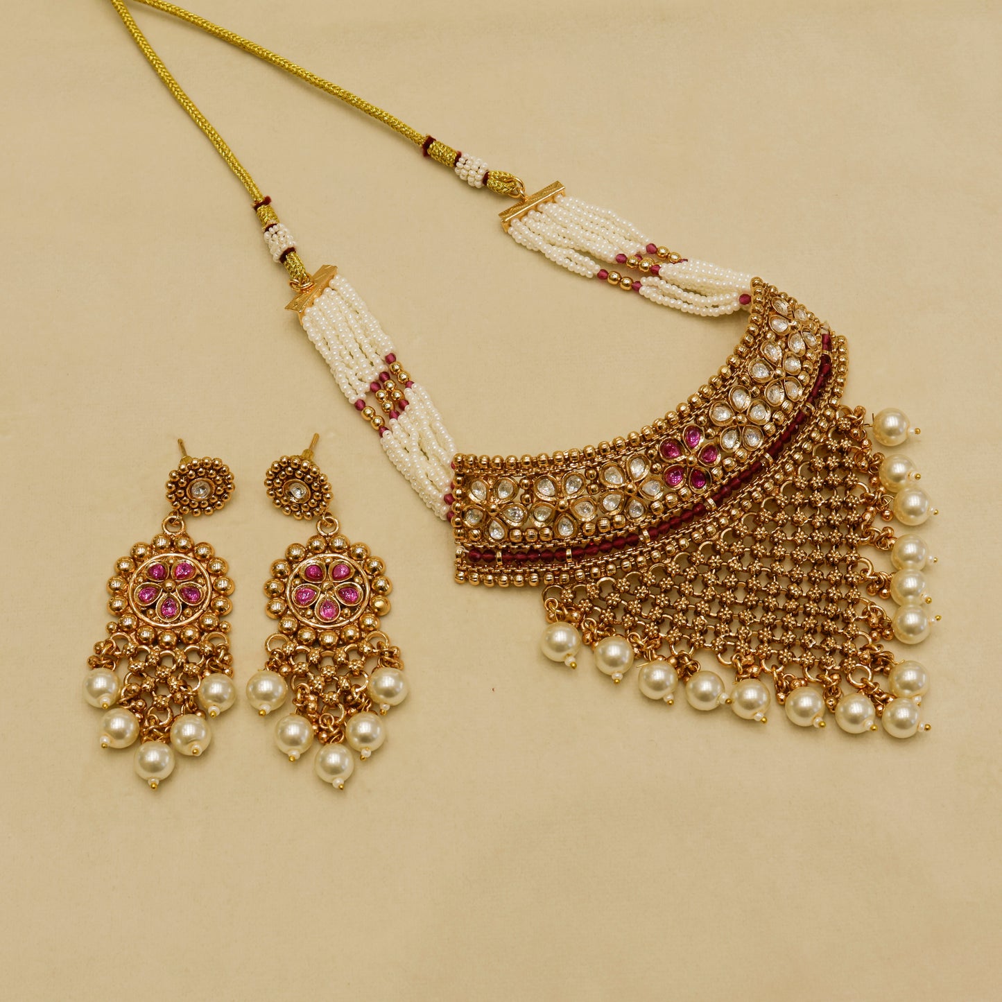 Aanura Pearl Bridal Choker Necklace with Ruby Motifs