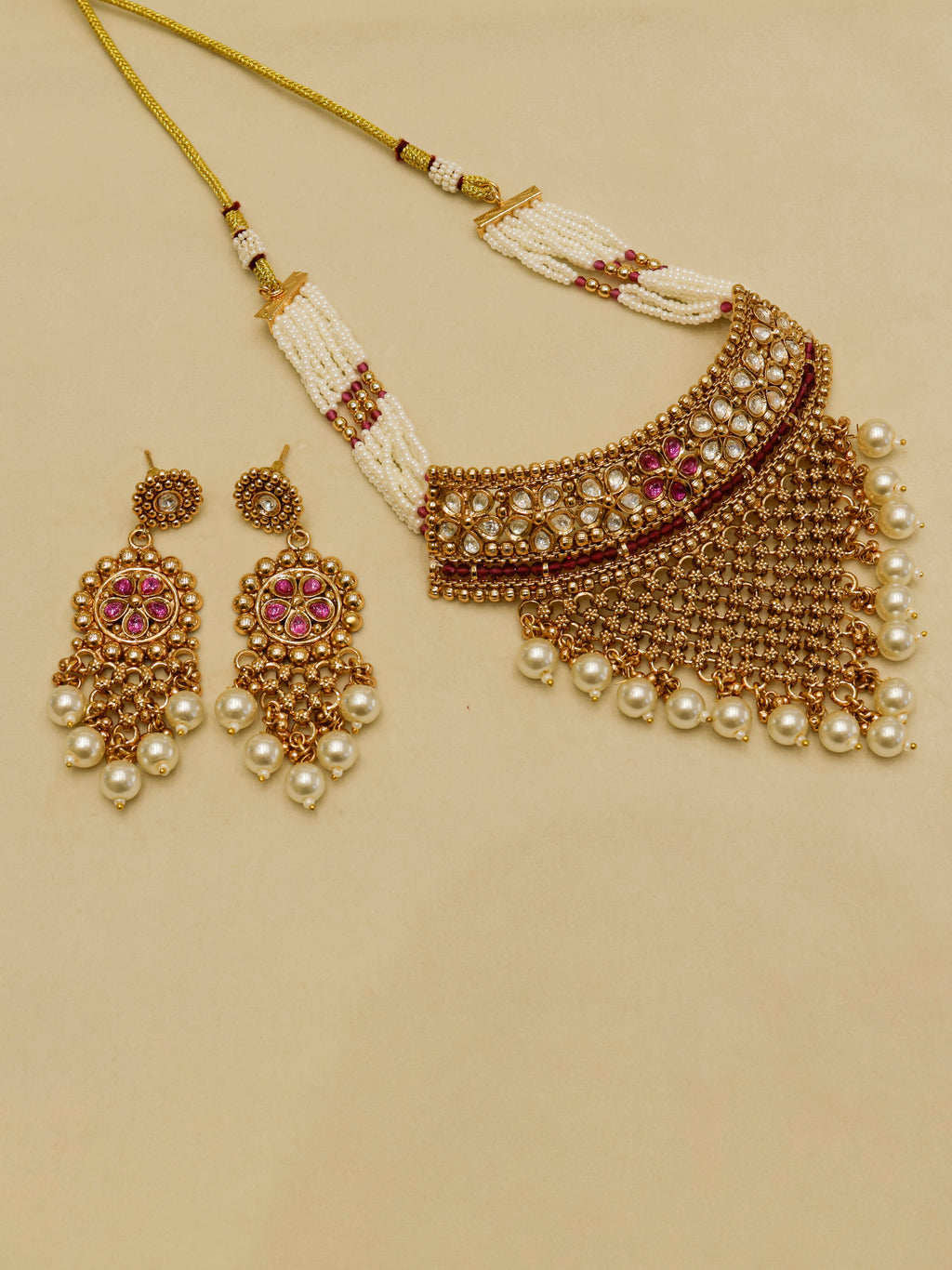 Aanura Pearl Bridal Choker Necklace with Ruby Motifs