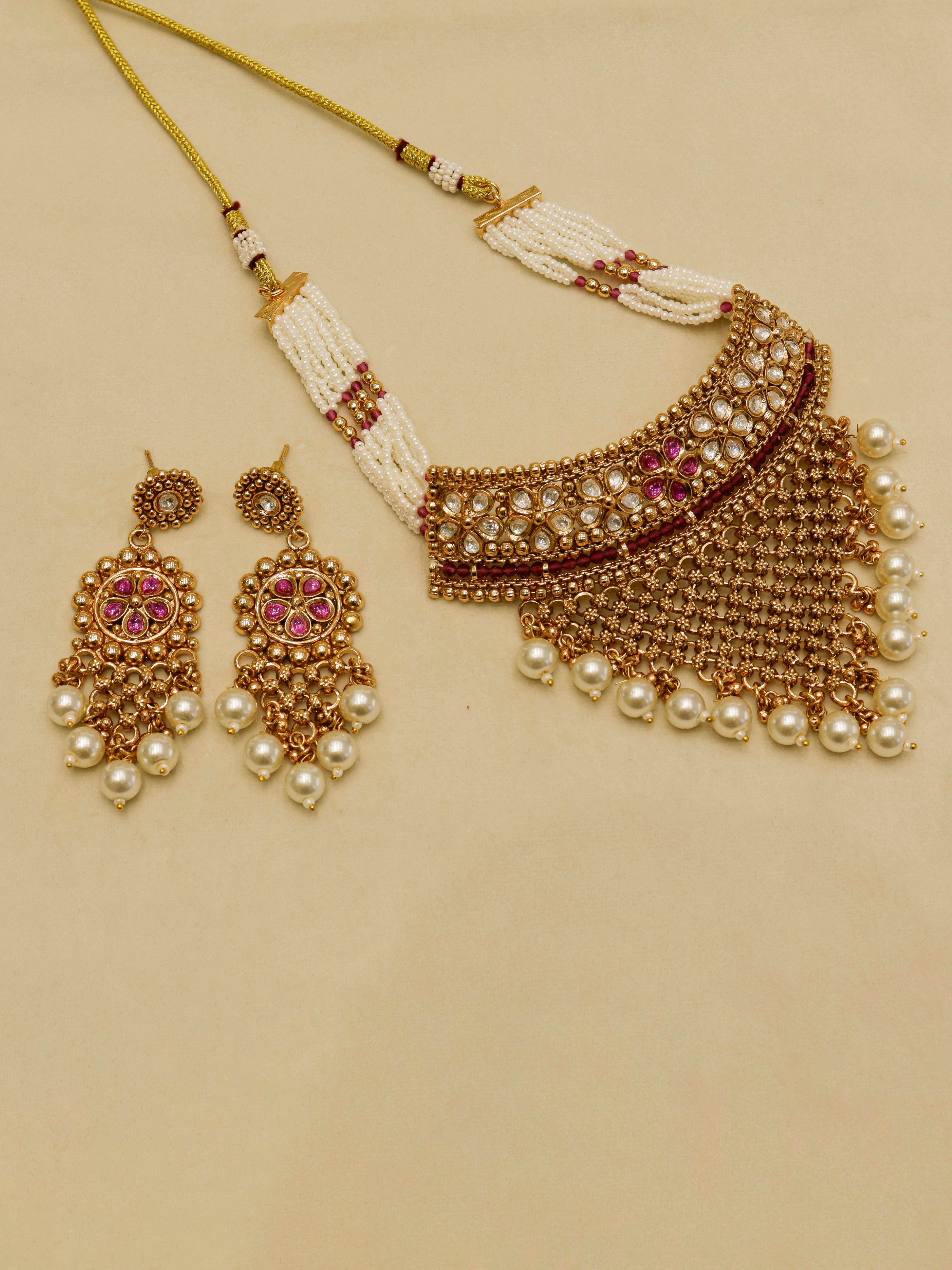 Aanura Pearl Bridal Choker Necklace with Ruby Motifs