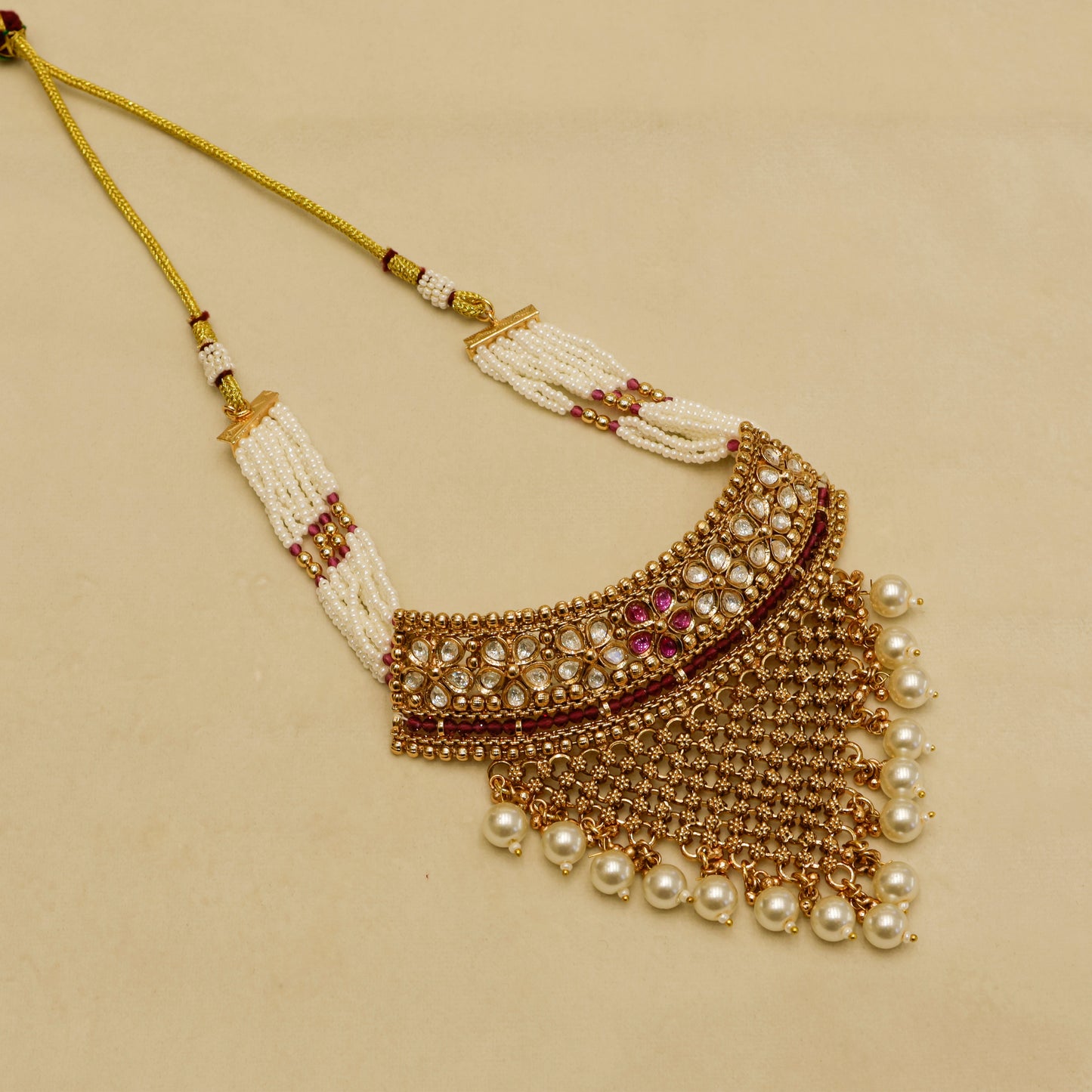 Aanura Pearl Bridal Choker Necklace with Ruby Motifs
