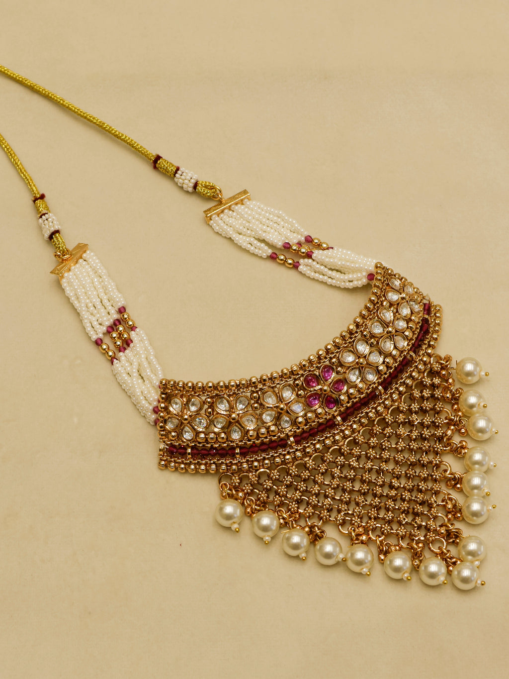 Aanura Pearl Bridal Choker Necklace with Ruby Motifs