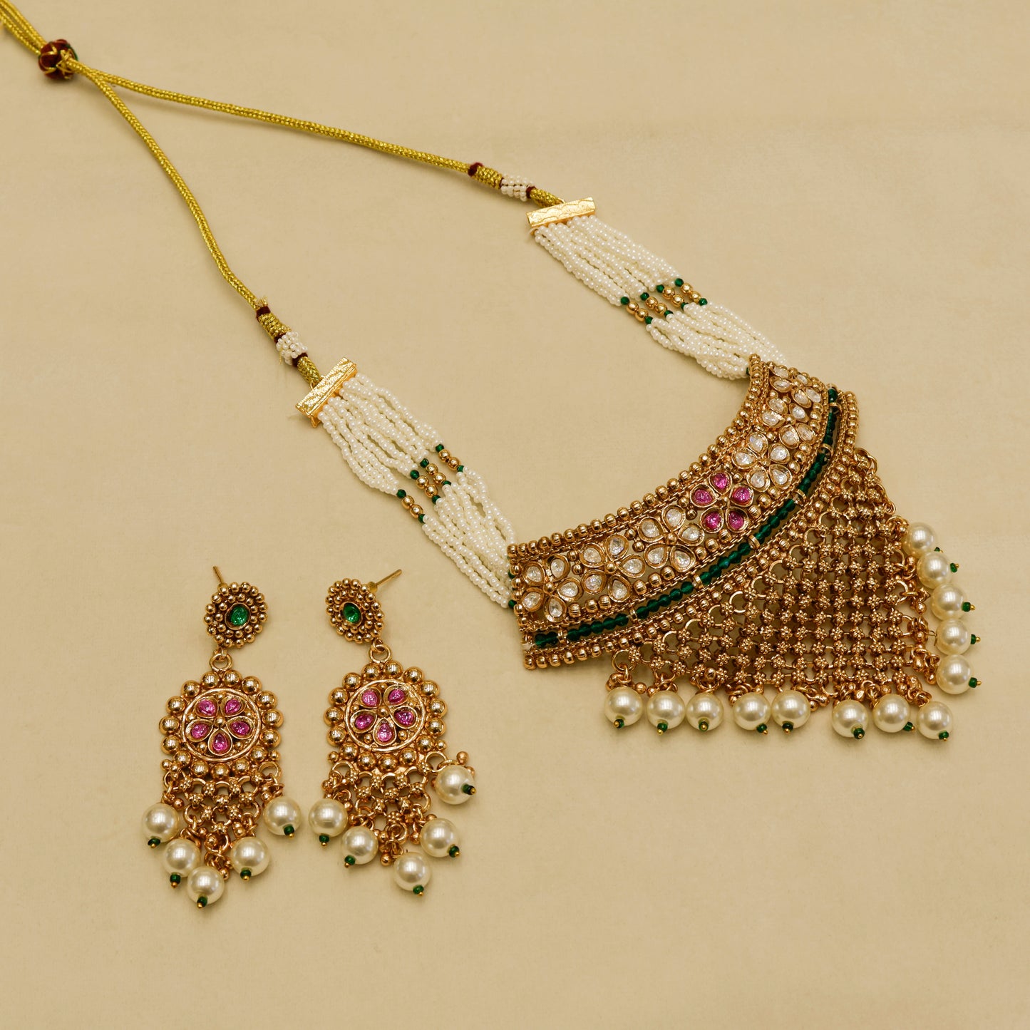 Aanura Pearl Bridal Choker Necklace with Ruby Motifs