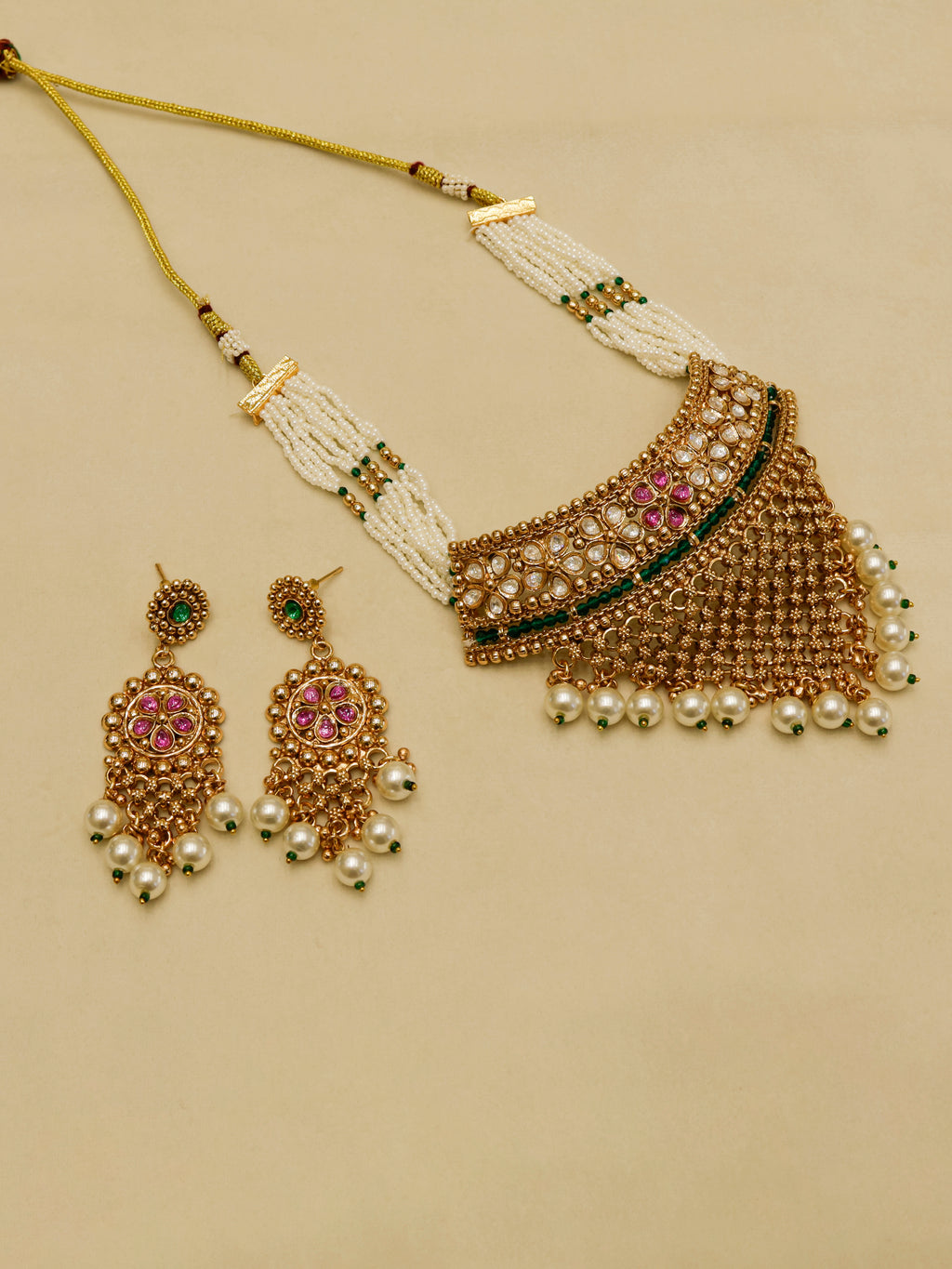 Aanura Pearl Bridal Choker Necklace with Ruby Motifs