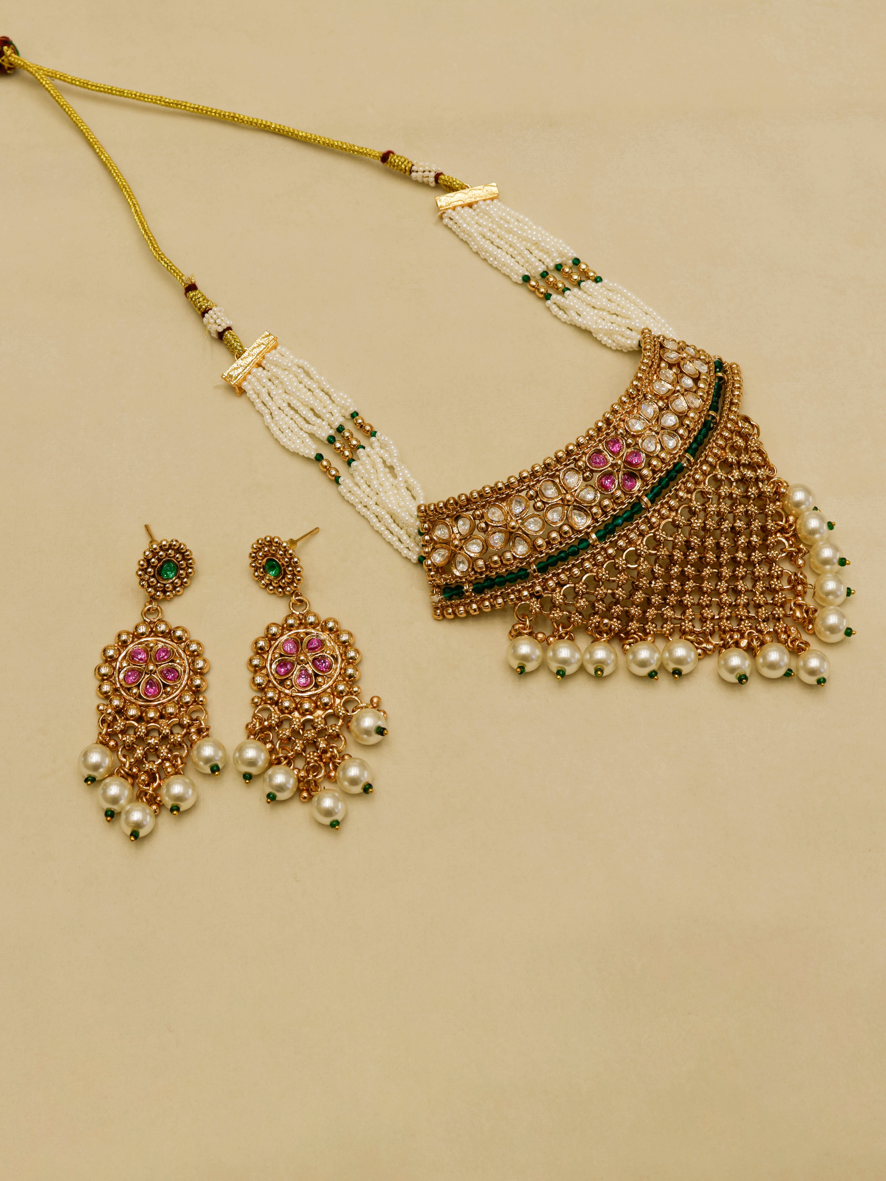 Aanura Pearl Bridal Choker Necklace with Ruby Motifs