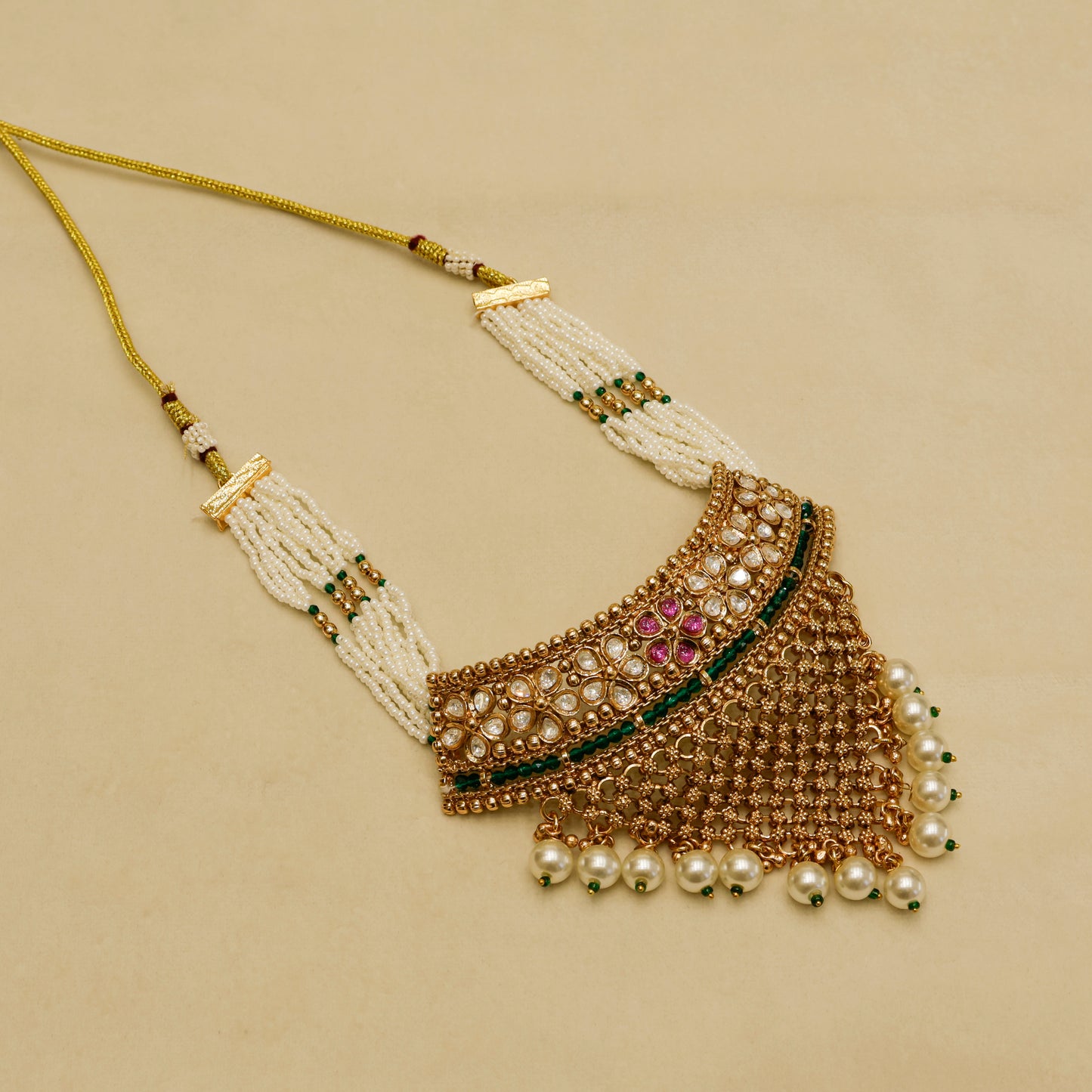 Aanura Pearl Bridal Choker Necklace with Ruby Motifs