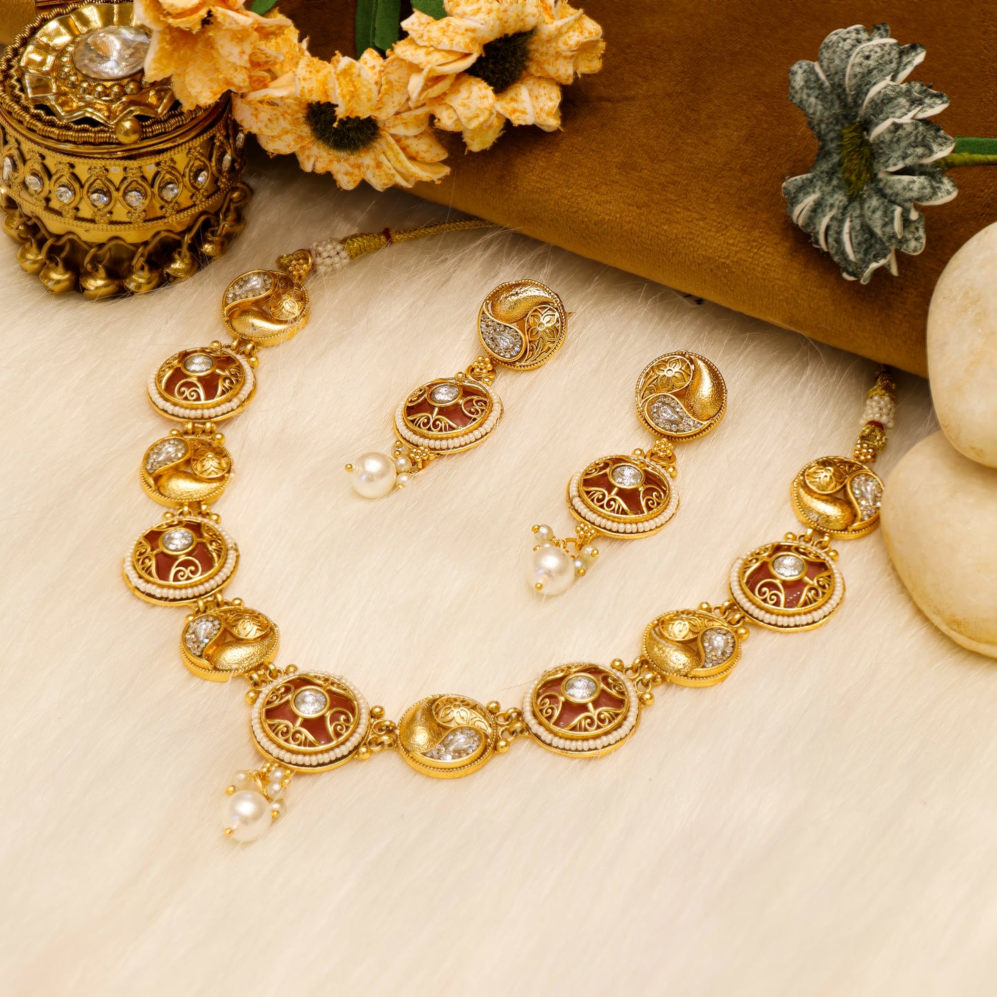 Aanura Circular Kundan Ruby Drop Necklace Set