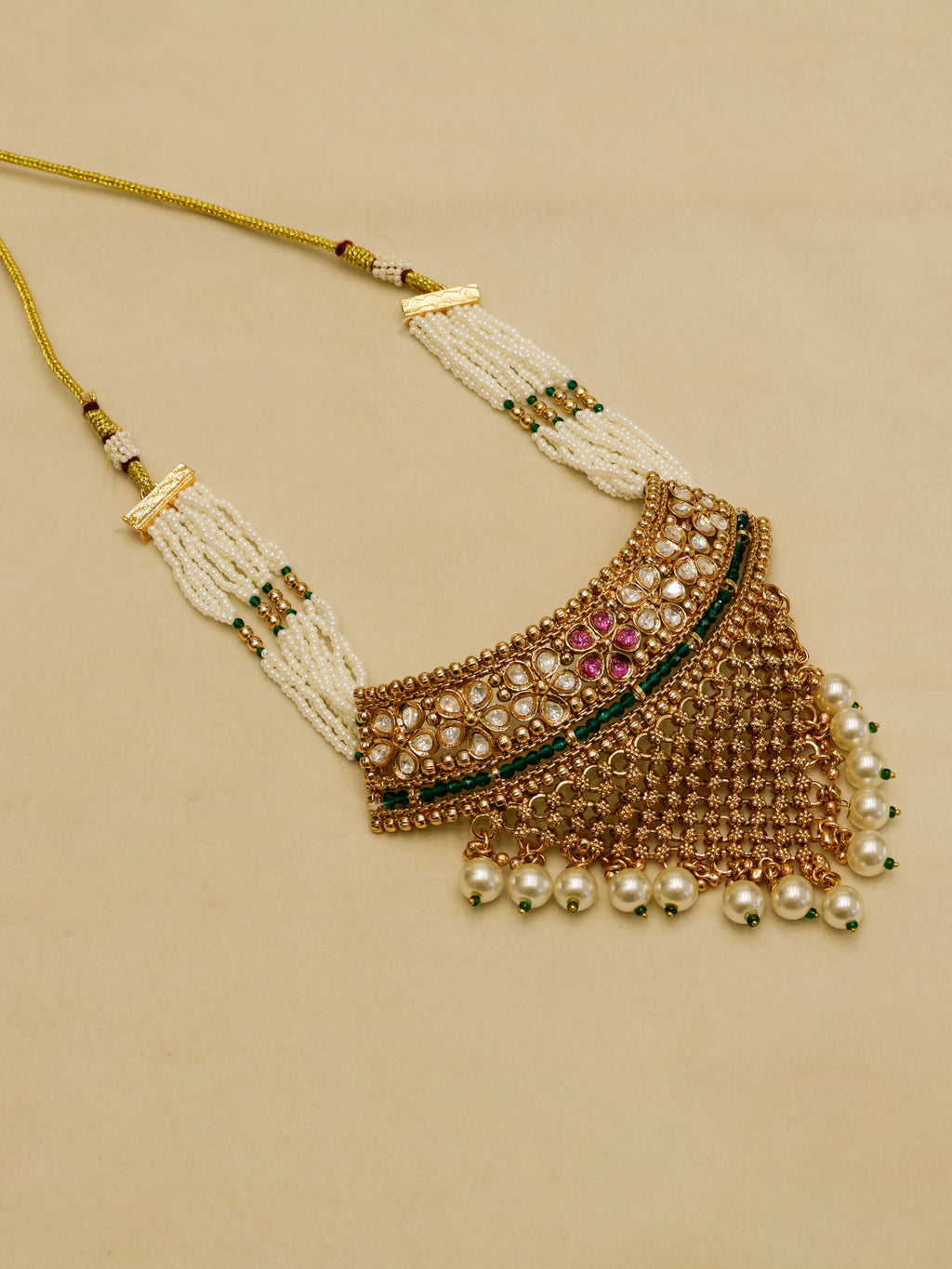 Aanura Pearl Bridal Choker Necklace with Ruby Motifs