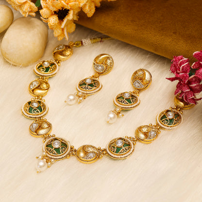 Aanura Circular Kundan Ruby Drop Necklace Set