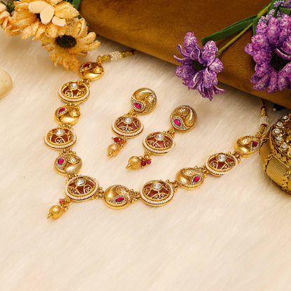 Aanura Circular Kundan Ruby Drop Necklace Set