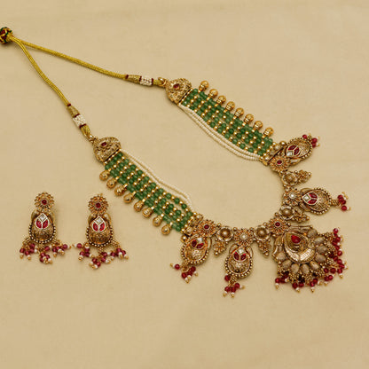Aanura Temple Bridal Necklace with Ruby & Bead Strands