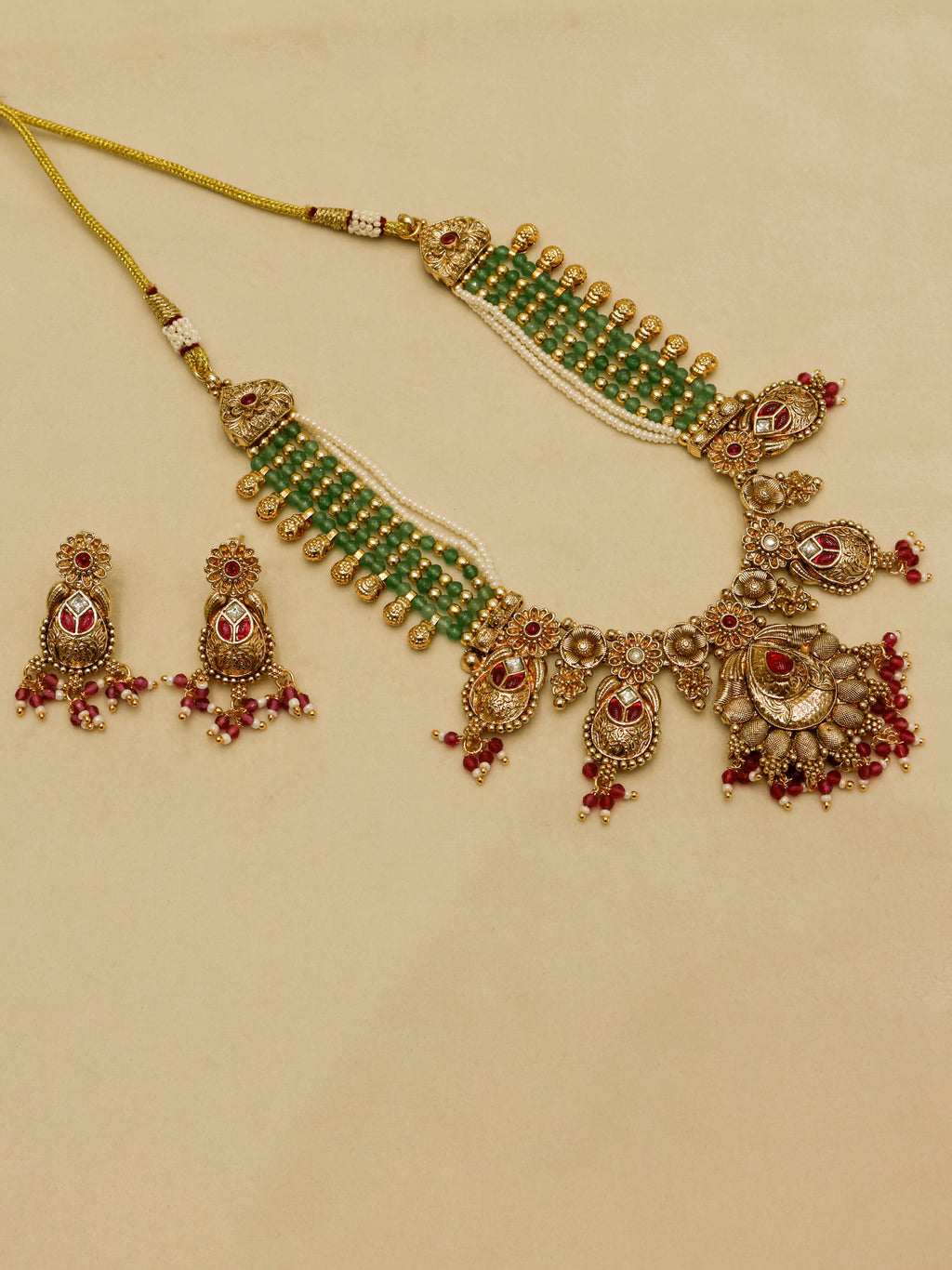 Aanura Temple Bridal Necklace with Ruby & Bead Strands