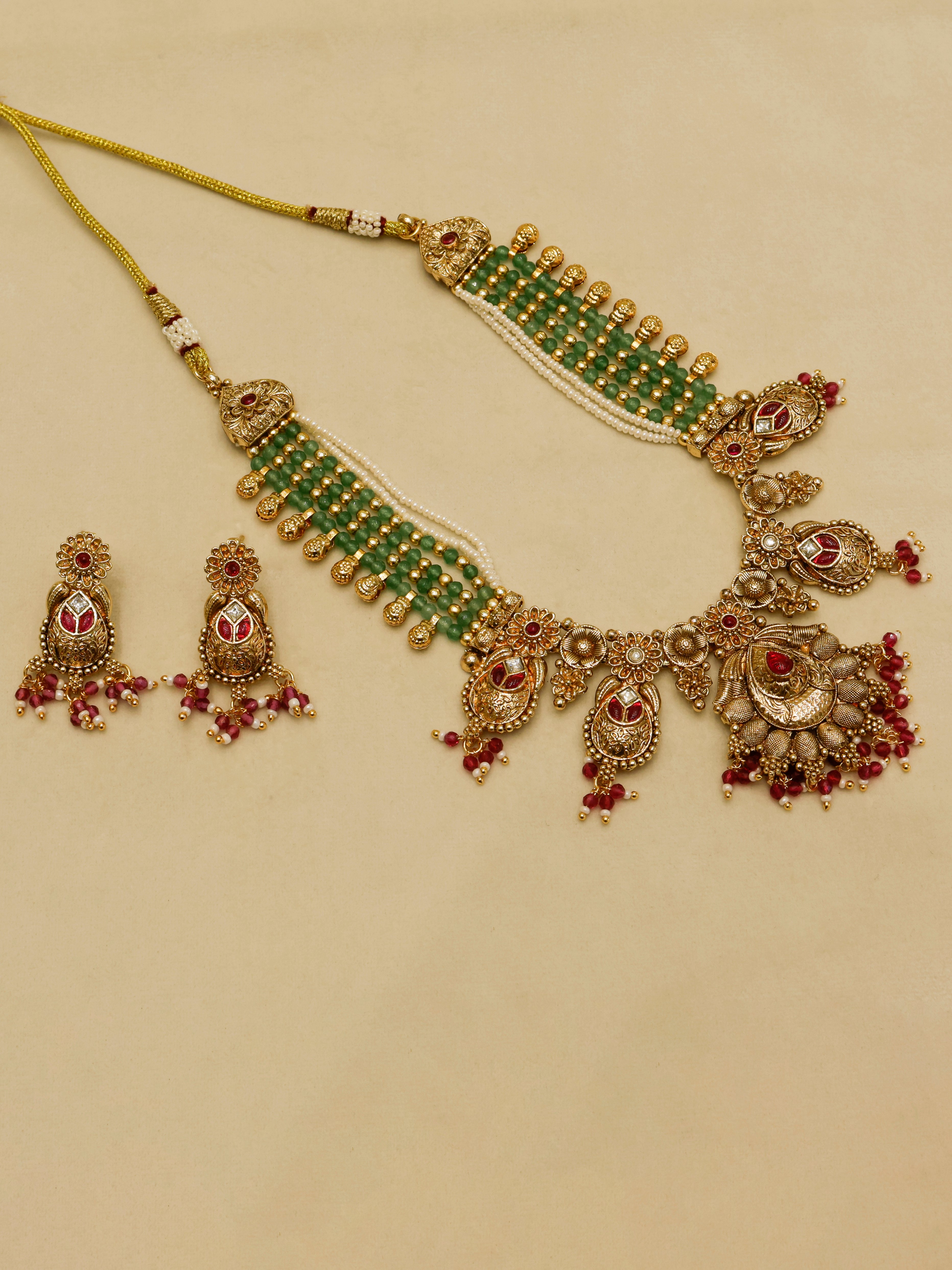 Aanura Temple Bridal Necklace with Ruby & Bead Strands