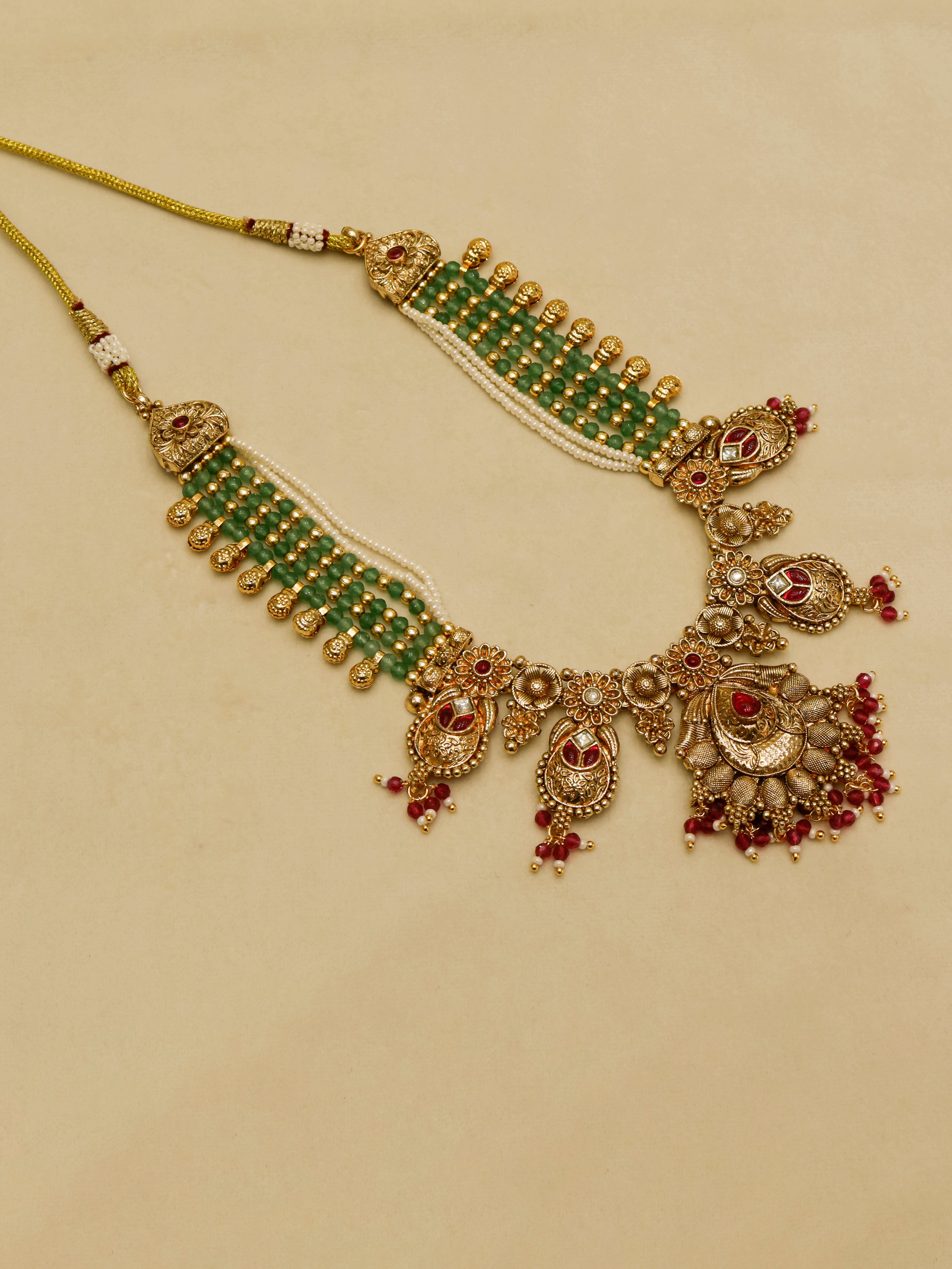 Aanura Temple Bridal Necklace with Ruby & Bead Strands
