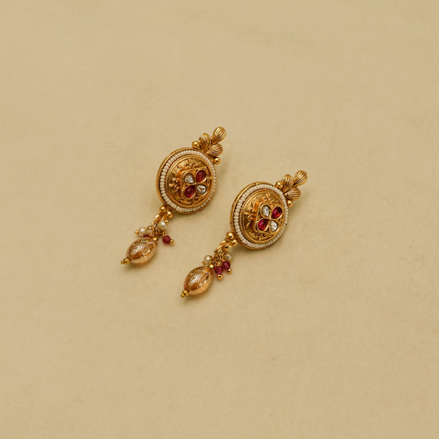 Aanura Antique Long Necklace with Ruby Pendant & Pearls