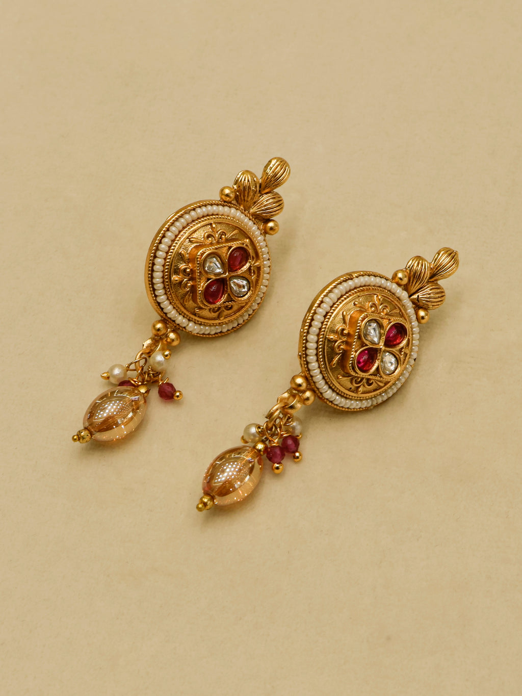 Aanura Antique Long Necklace with Ruby Pendant & Pearls