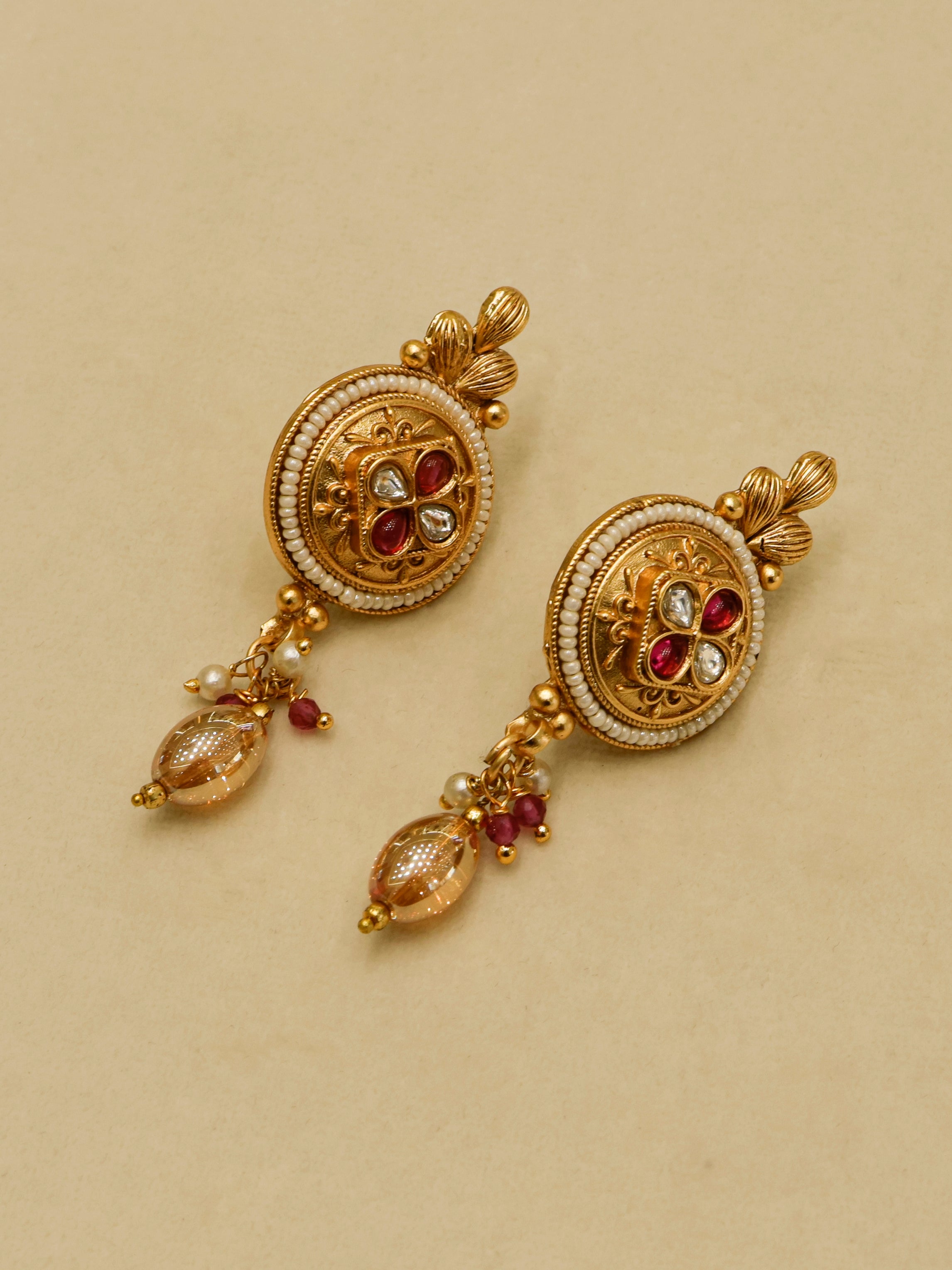 Aanura Antique Long Necklace with Ruby Pendant & Pearls