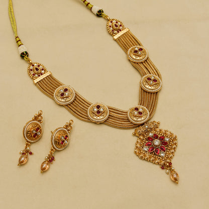 Aanura Antique Long Necklace with Ruby Pendant & Pearls