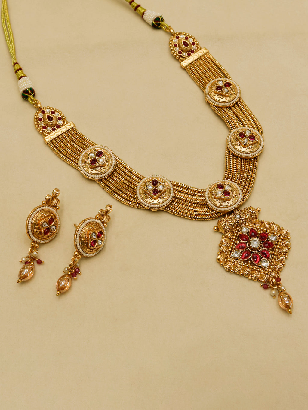 Aanura Antique Long Necklace with Ruby Pendant & Pearls
