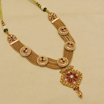 Aanura Antique Long Necklace with Ruby Pendant & Pearls
