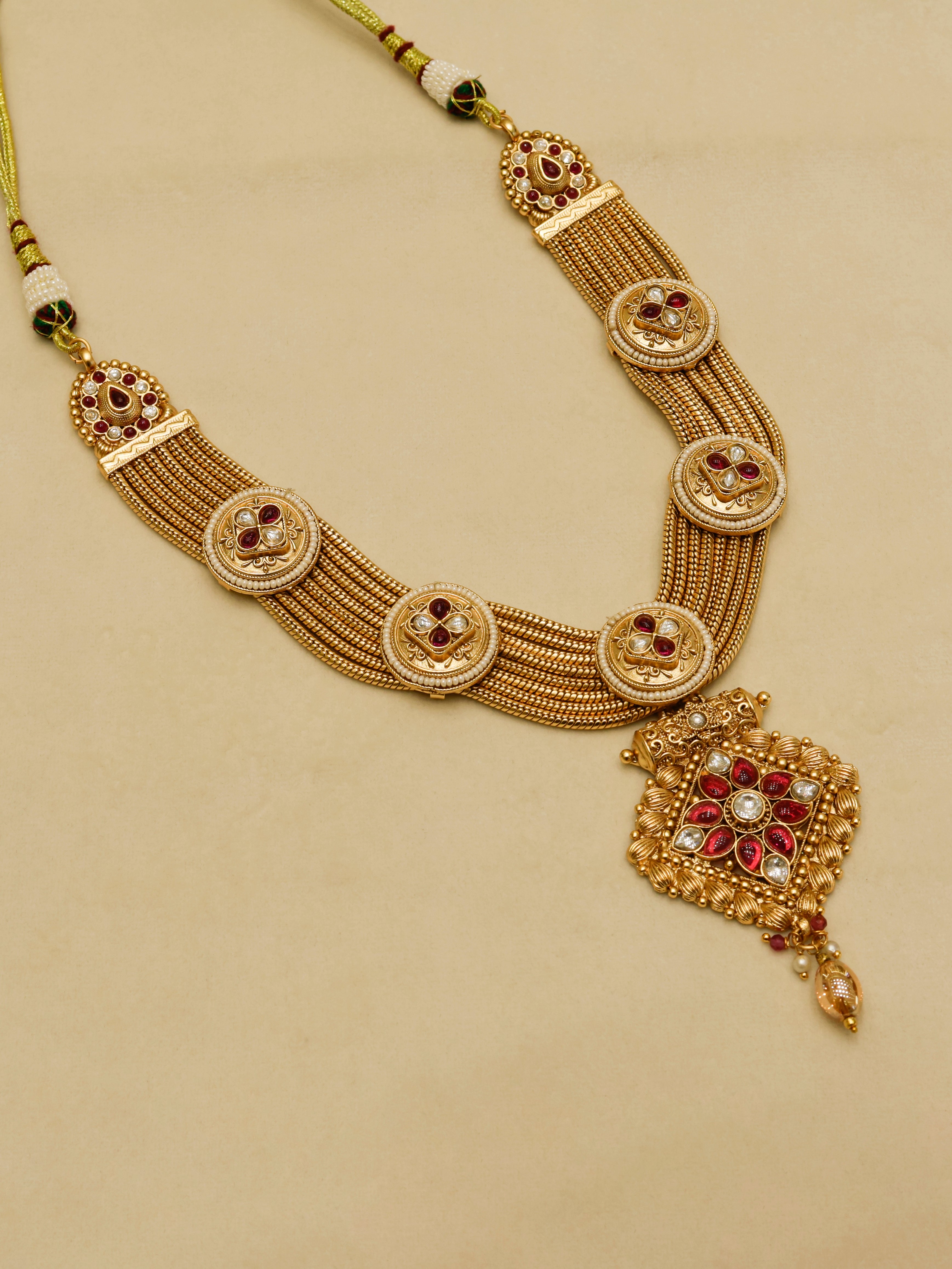 Aanura Antique Long Necklace with Ruby Pendant & Pearls