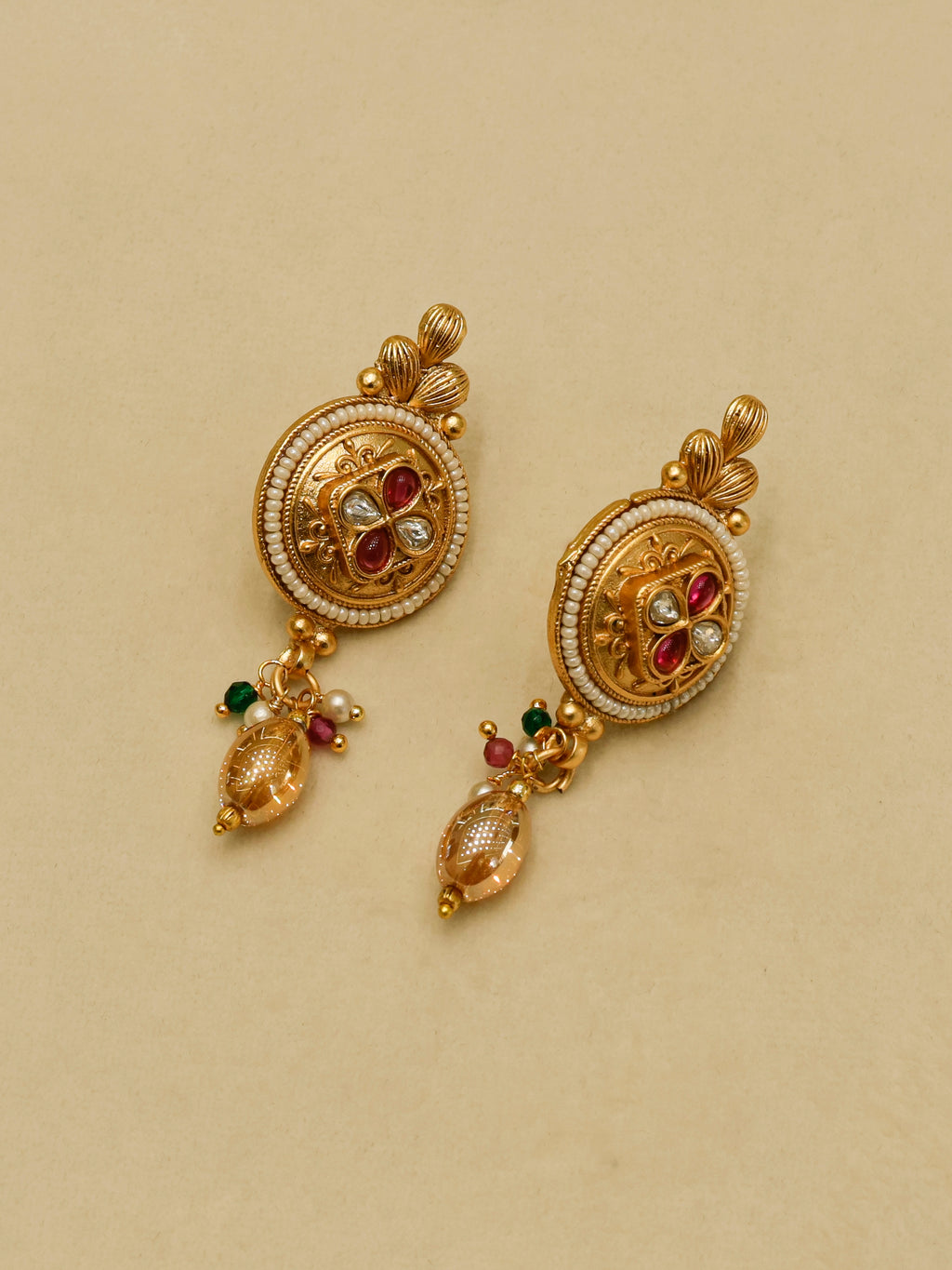 Aanura Antique Long Necklace with Ruby Pendant & Pearls