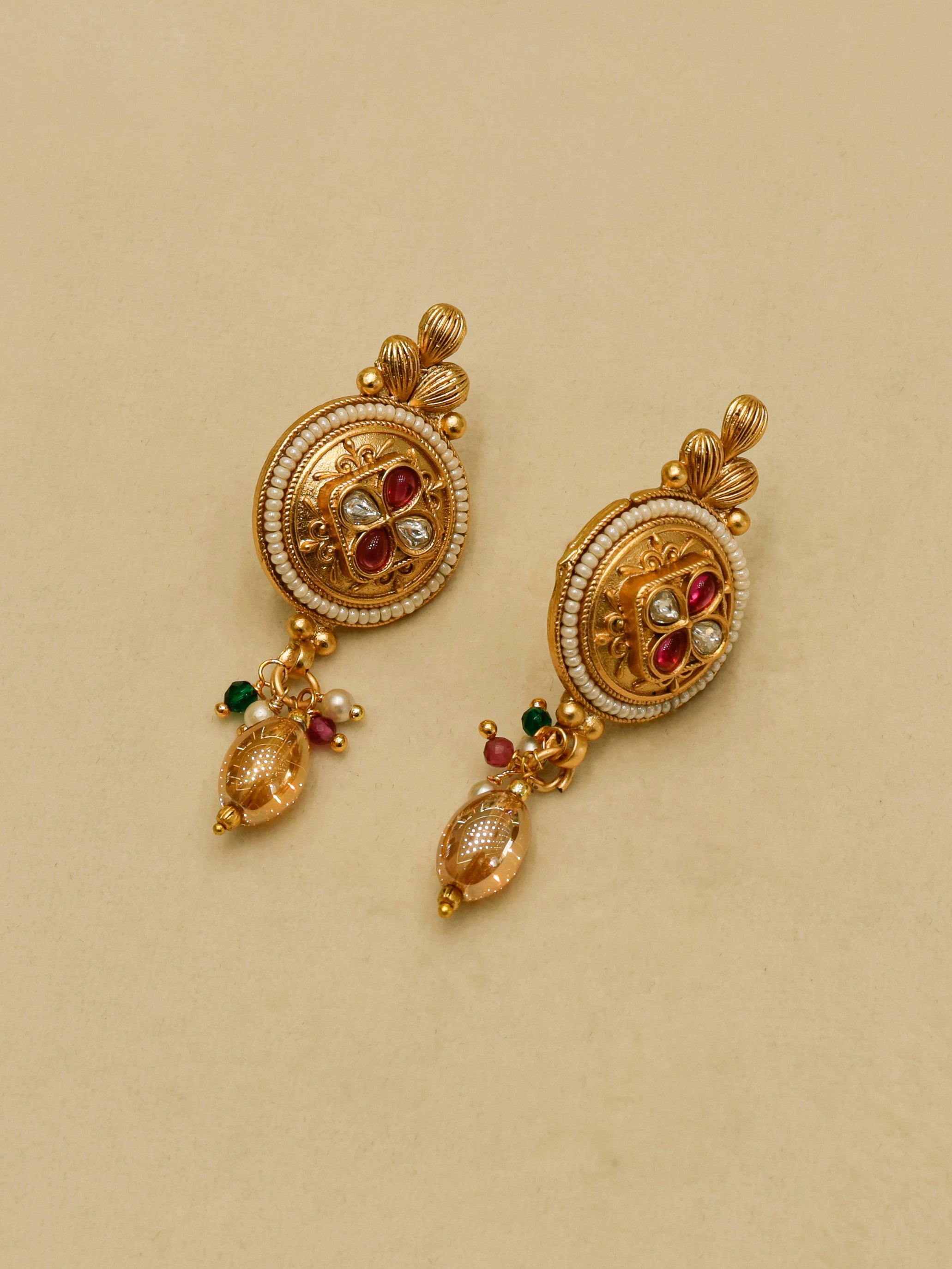 Aanura Antique Long Necklace with Ruby Pendant & Pearls