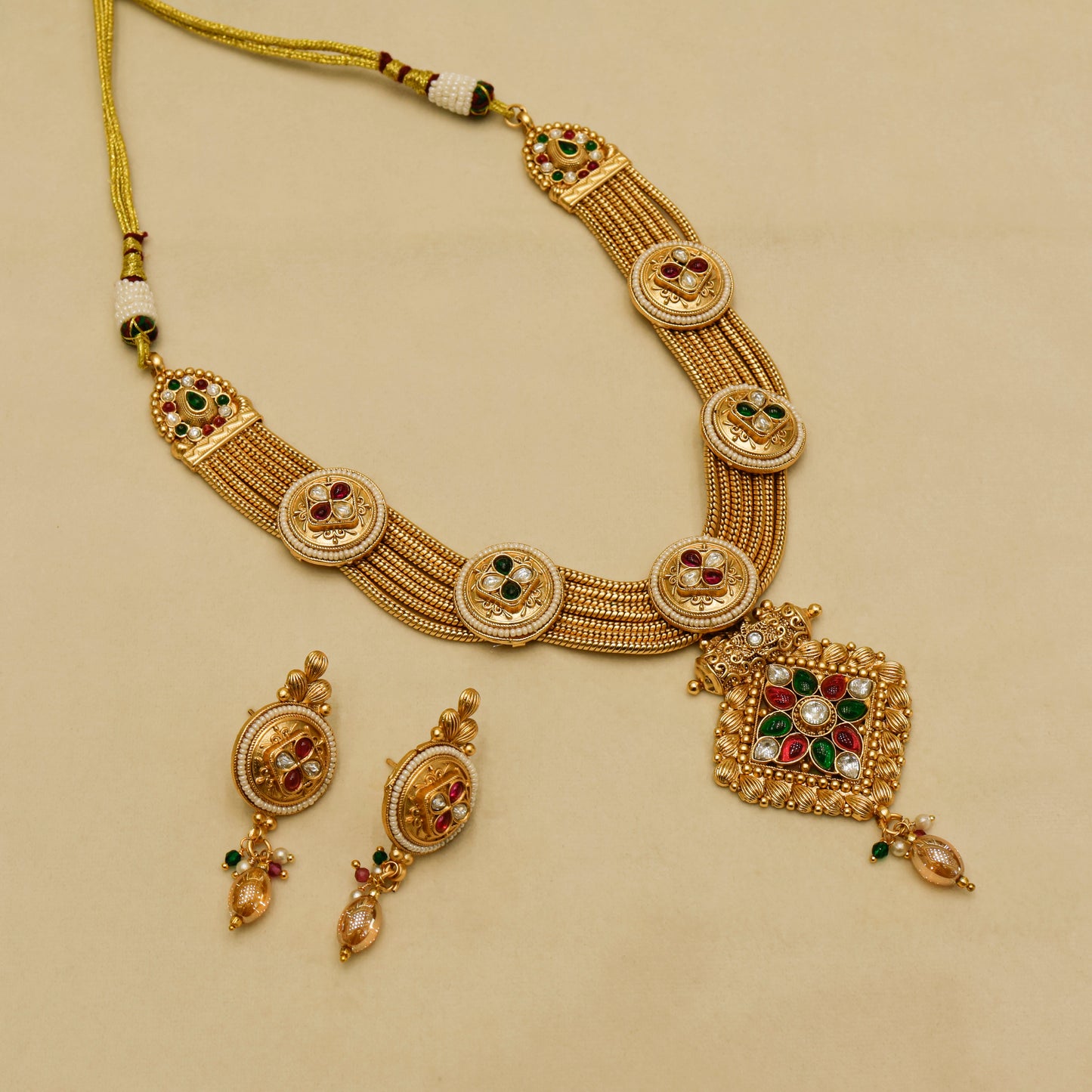 Aanura Antique Long Necklace with Ruby Pendant & Pearls
