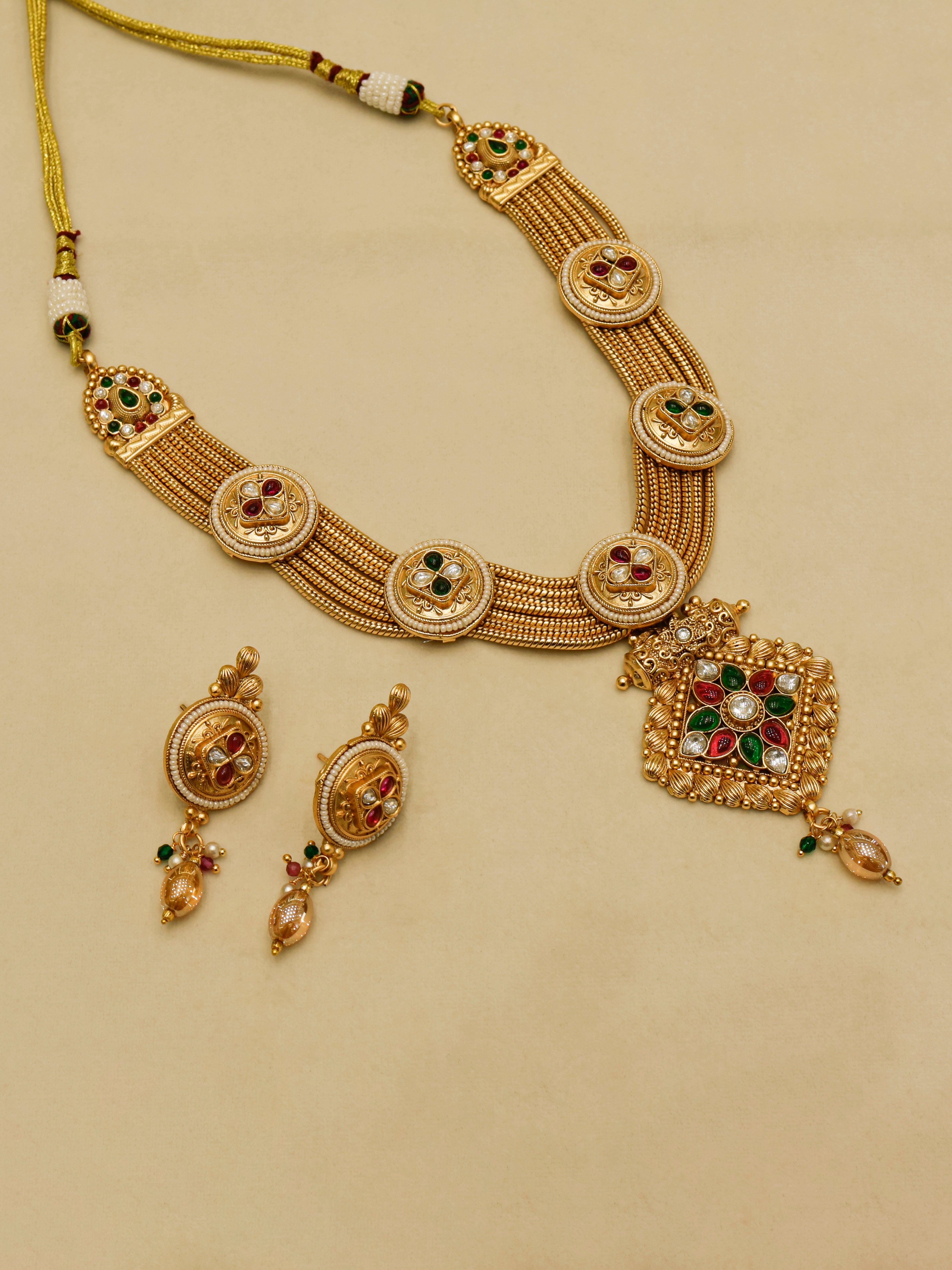 Aanura Antique Long Necklace with Ruby Pendant & Pearls