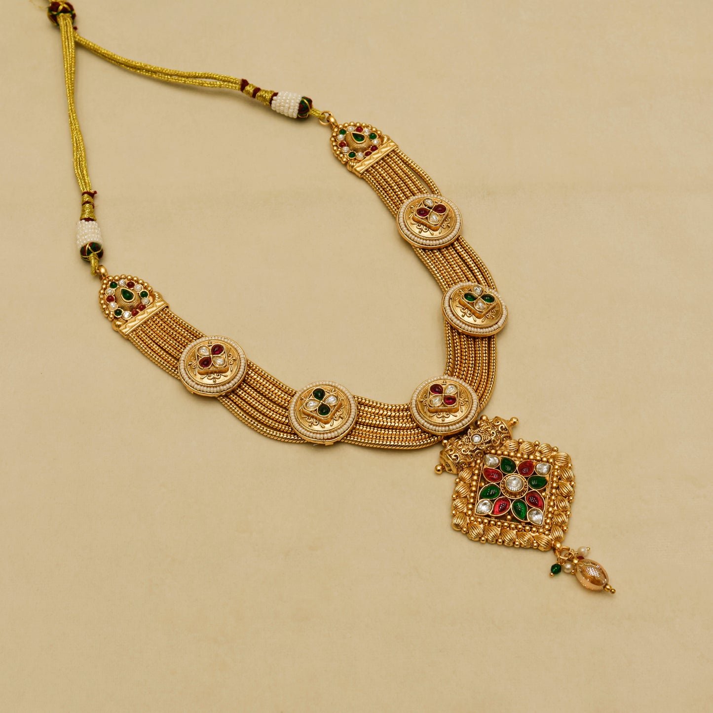 Aanura Antique Long Necklace with Ruby Pendant & Pearls