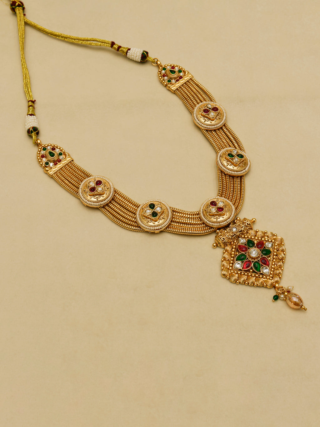 Aanura Antique Long Necklace with Ruby Pendant & Pearls