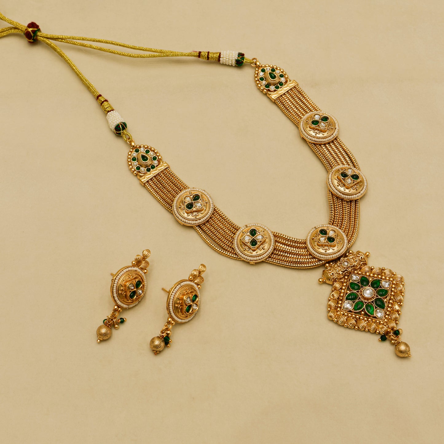 Aanura Antique Long Necklace with Ruby Pendant & Pearls