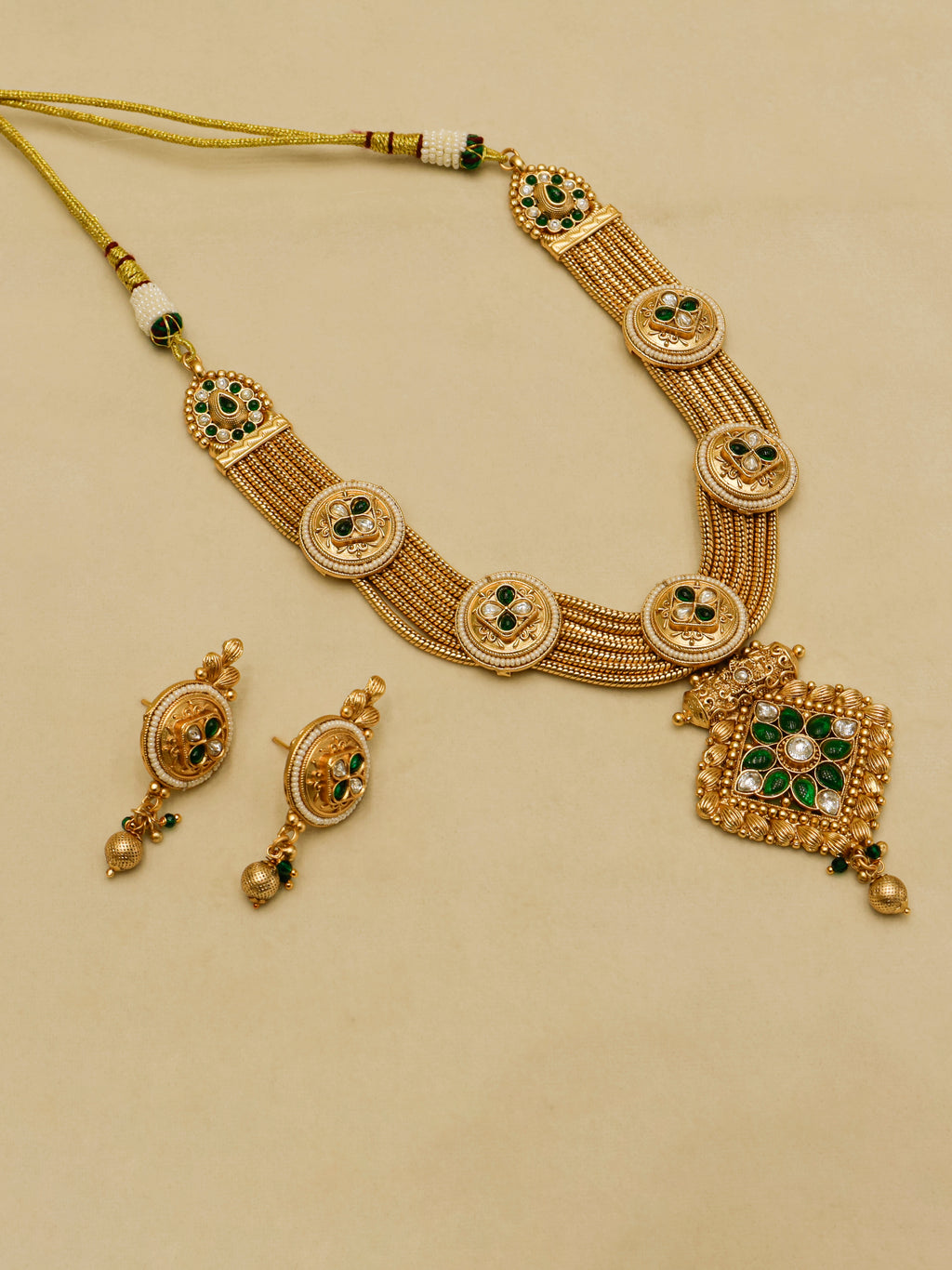 Aanura Antique Long Necklace with Ruby Pendant & Pearls