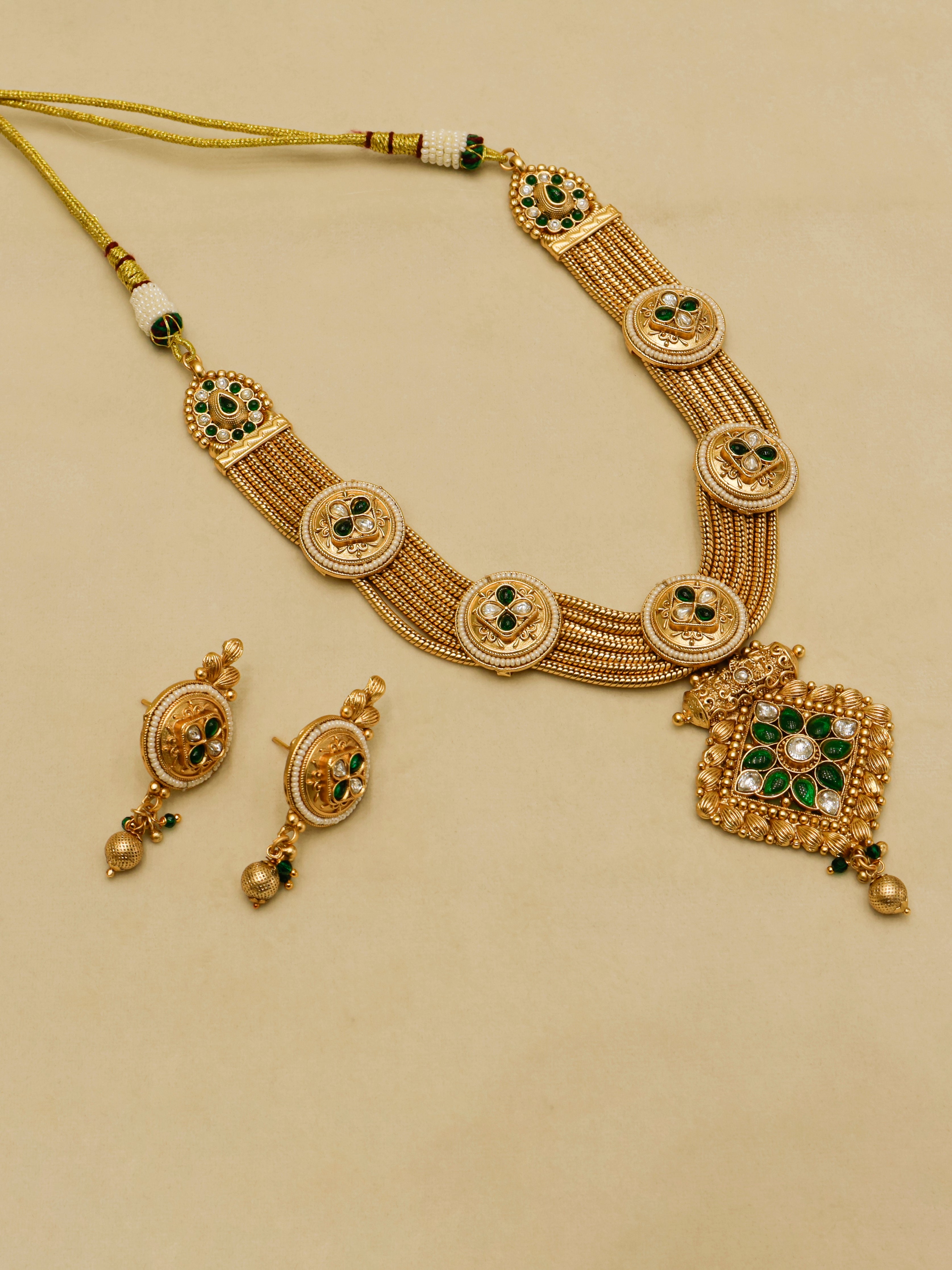 Aanura Antique Long Necklace with Ruby Pendant & Pearls